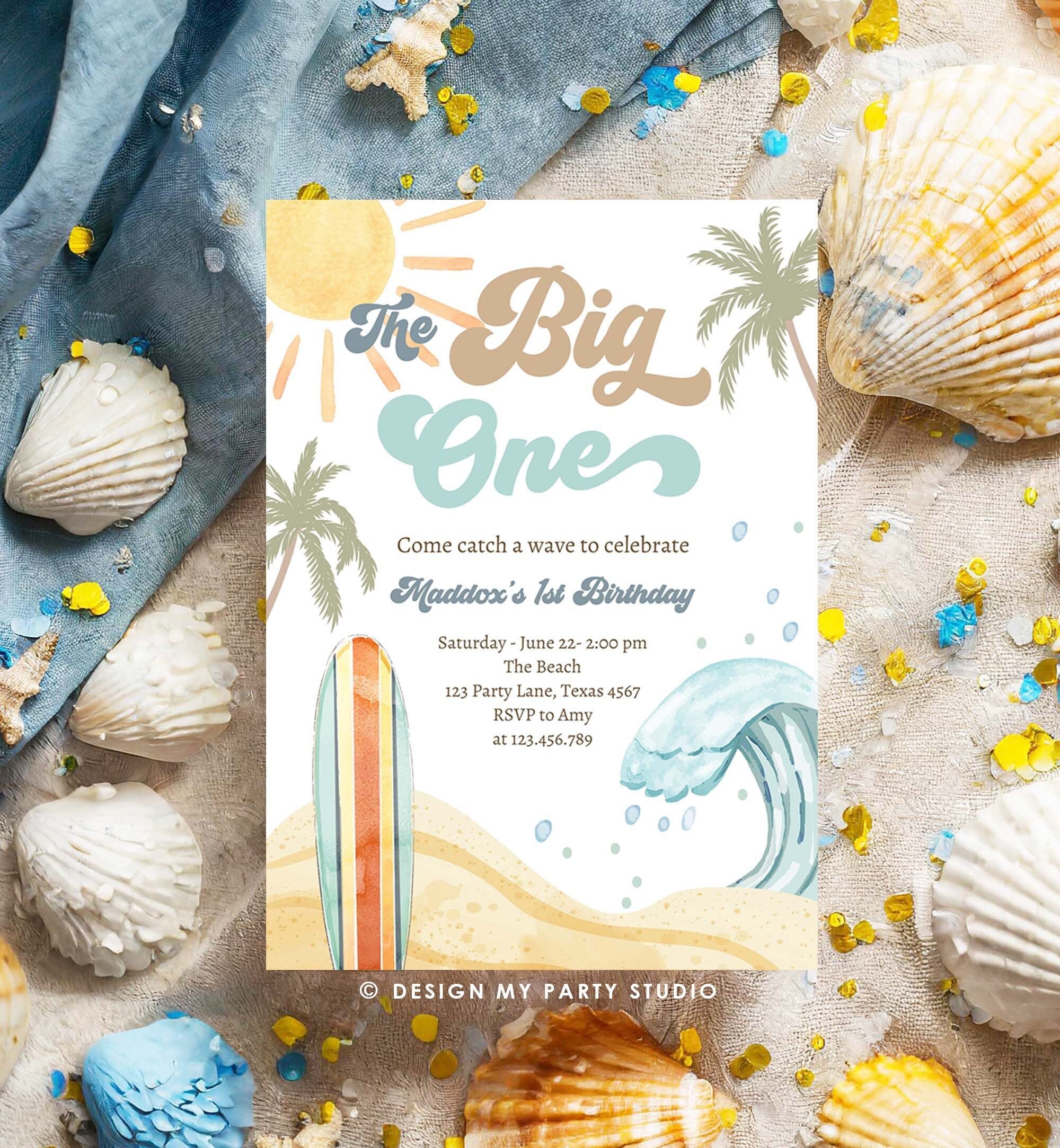 Editable The Big One Surf 1st Birthday Invitation Retro Surfboard Beach Party Wave Surfer Boho Invite Download Template Corjl Digital 0433