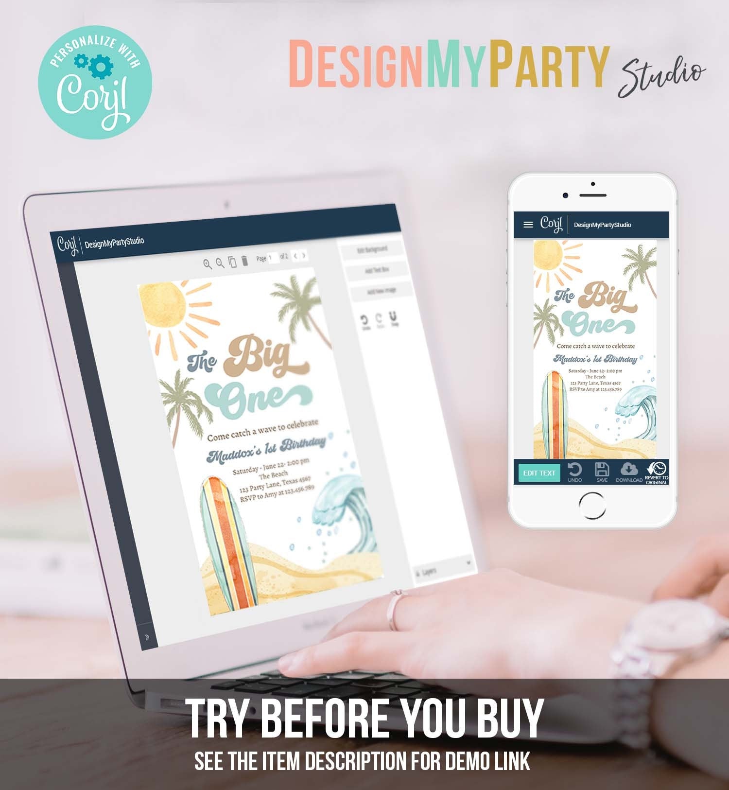 Editable The Big One Surf 1st Birthday Invitation Retro Surfboard Beach Party Wave Surfer Boho Invite Download Template Corjl Digital 0433