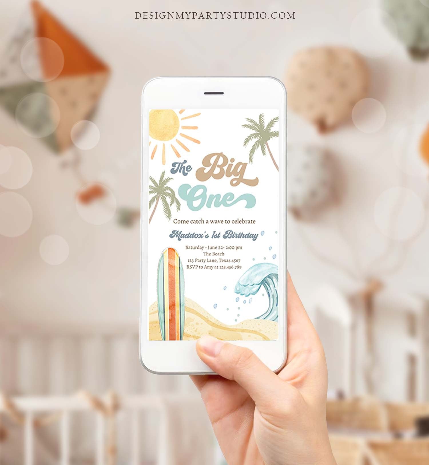 Editable The Big One Surf 1st Birthday Invitation Retro Surfboard Beach Party Wave Surfer Boho Invite Download Template Corjl Digital 0433