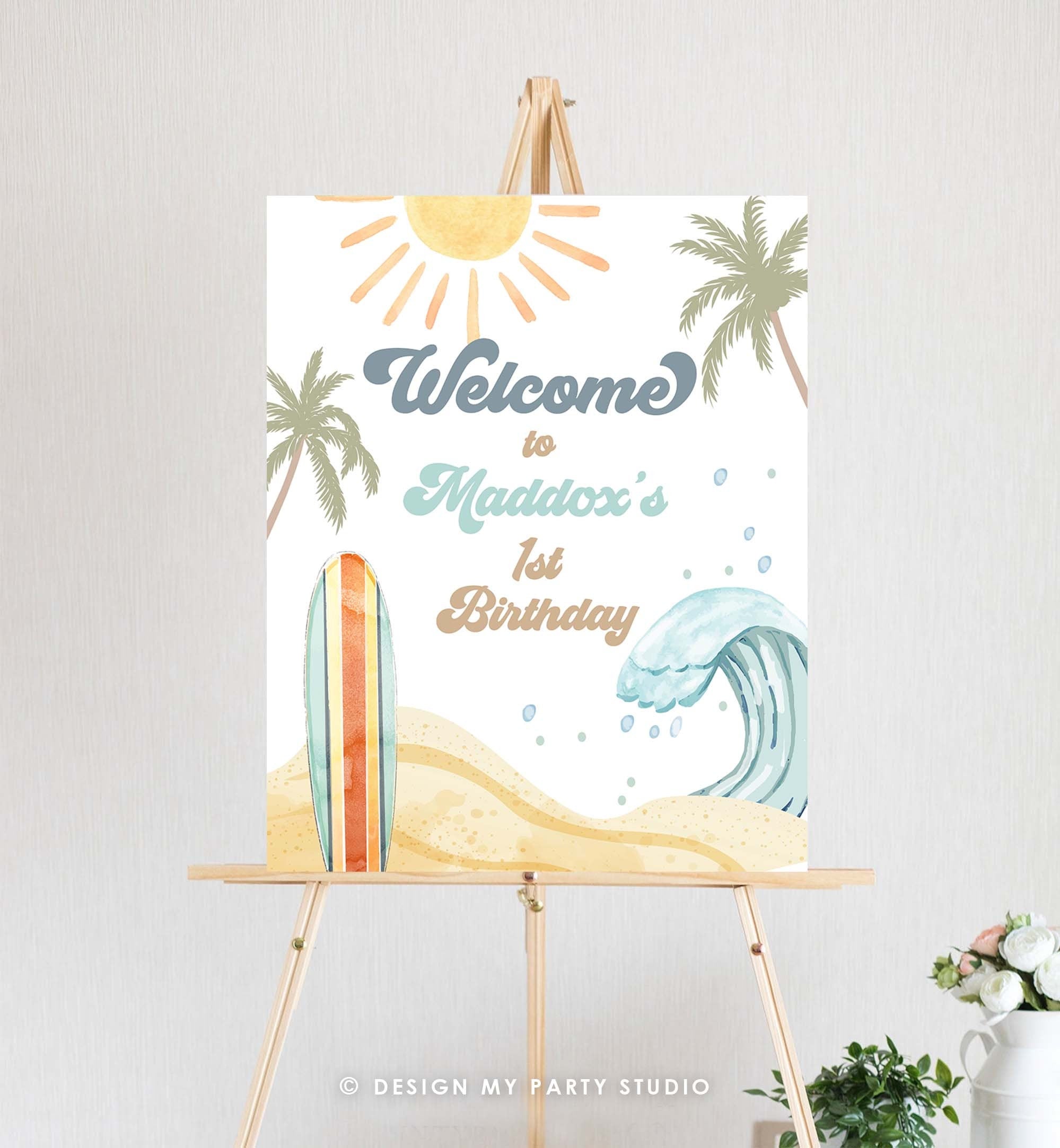 Editable Surf Birthday Welcome Sign Boy The Big One Birthday 1st First Welcome Sign Beach Party Retro Big Wave Template Corjl PRINTABLE 0433