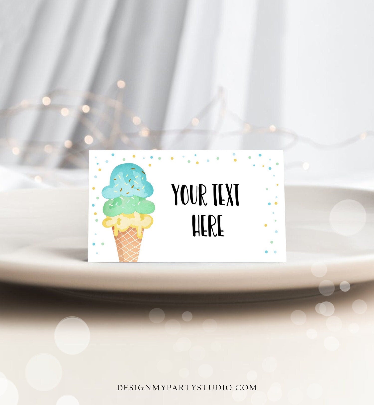 Editable Ice Cream Food Label Ice Cream Birthday Food Cards Tent Card Boy Blue Yellow the Scoop Buffet Label Tent Card Digital Template 0243