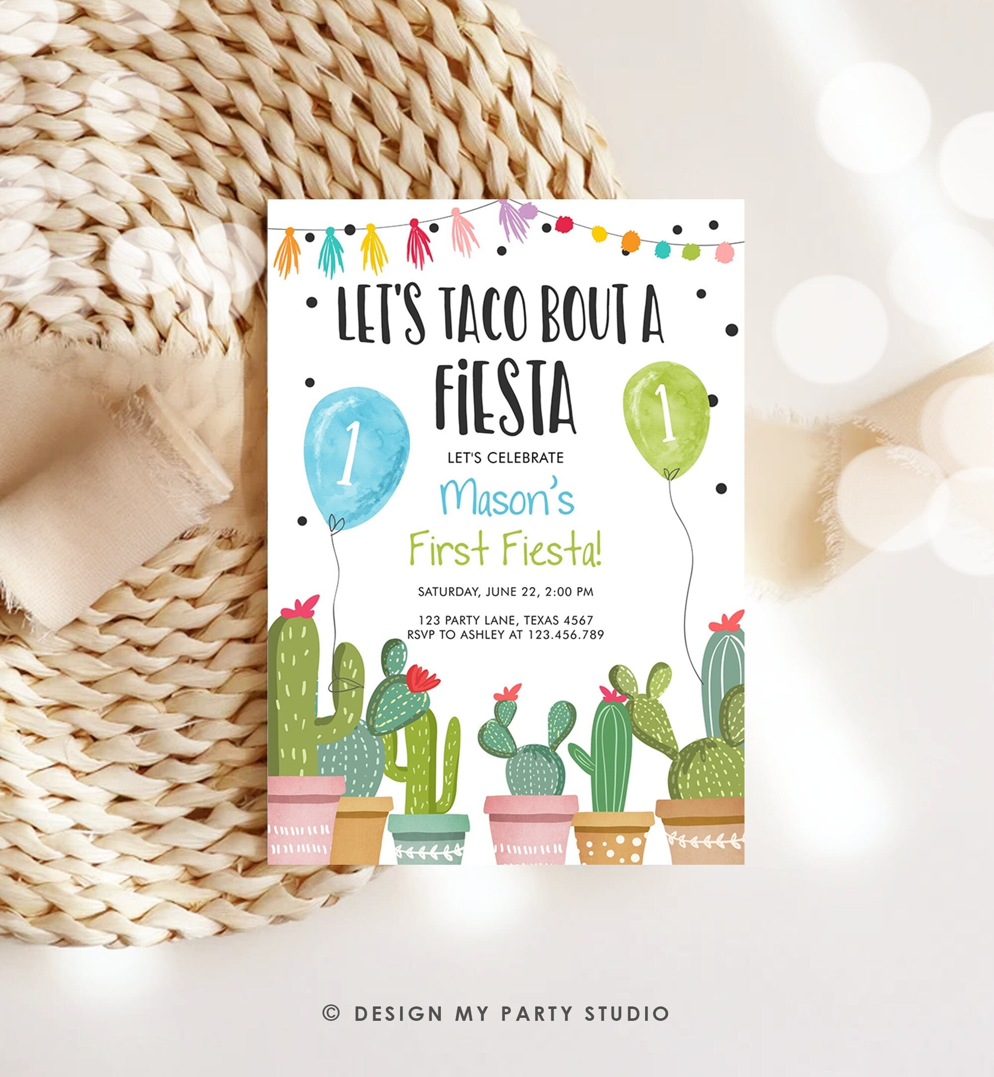 Editable Taco Bout a Fiesta Birthday Invitation ANY AGE Party Cactus Succulent 1st Birthday Mexican Boy First Fiesta Digital Template 0254