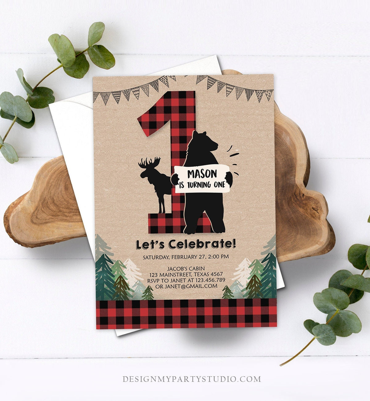 Editable Lumberjack Birthday Invitation Rustic Woodland Birthday Bear Cub Forest Red Plaid First Birthday Printable Template Digital 0026