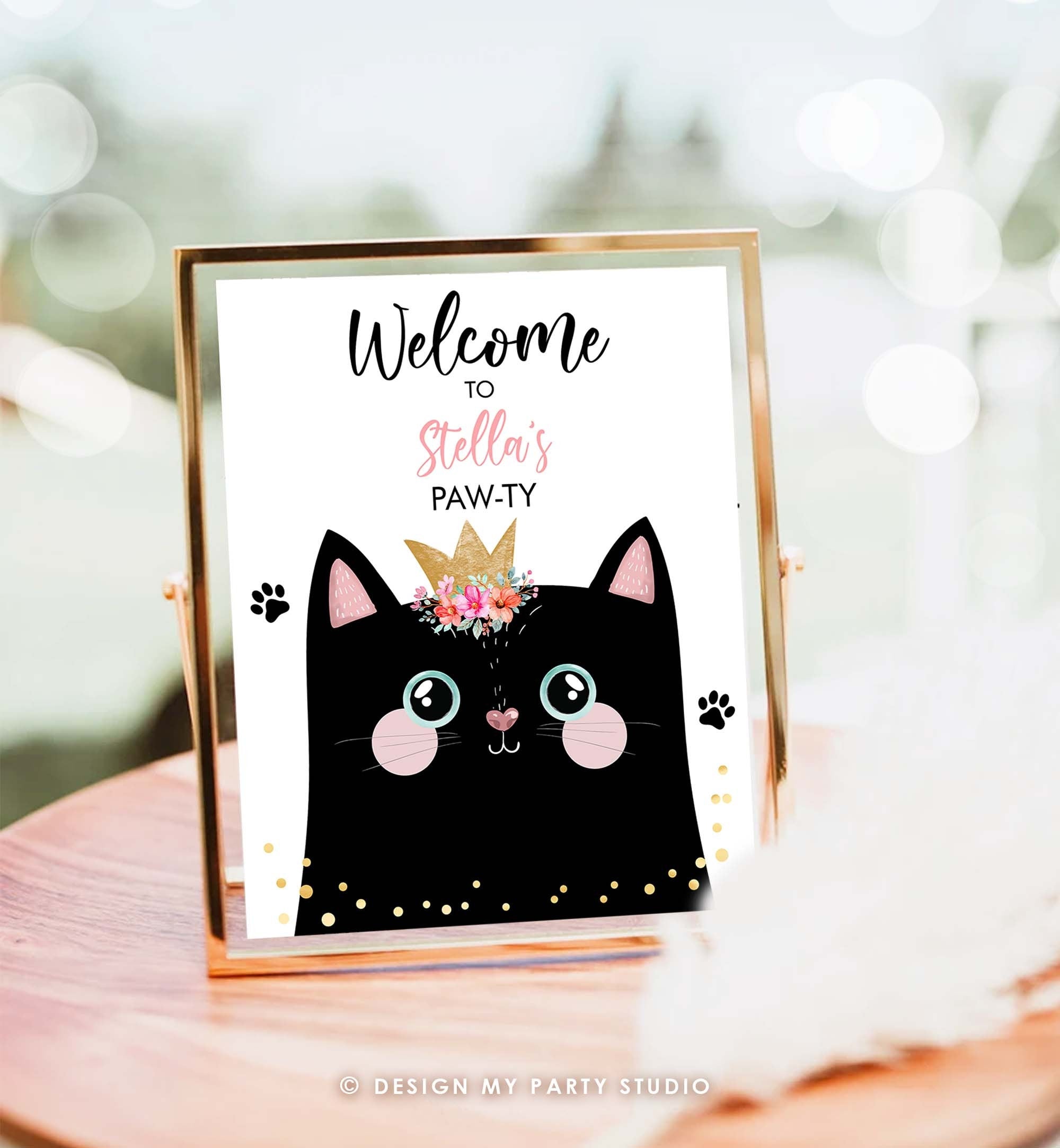 Editable Kitten Birthday Welcome Sign Pawty Sign Cat Birthday Welcome Kitty Animal Kitten Meow Black Cat Girl Template PRINTABLE Corjl 0381