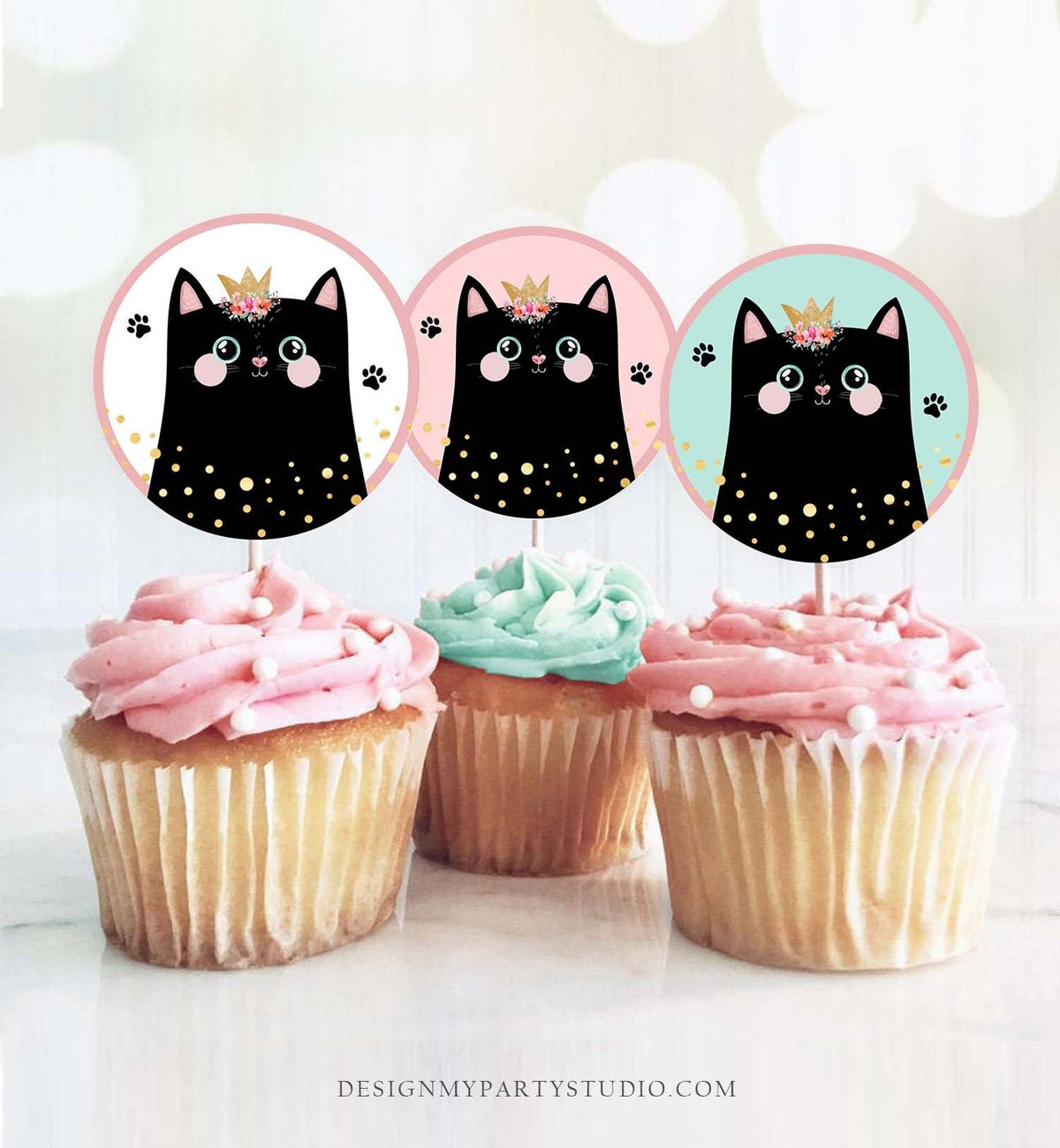 Kitten Birthday Cupcake Toppers Kitty Cat Birthday Favor Tags Girl Pink Favors Stickers Kitten Party Cute Digital Download Printable 0381