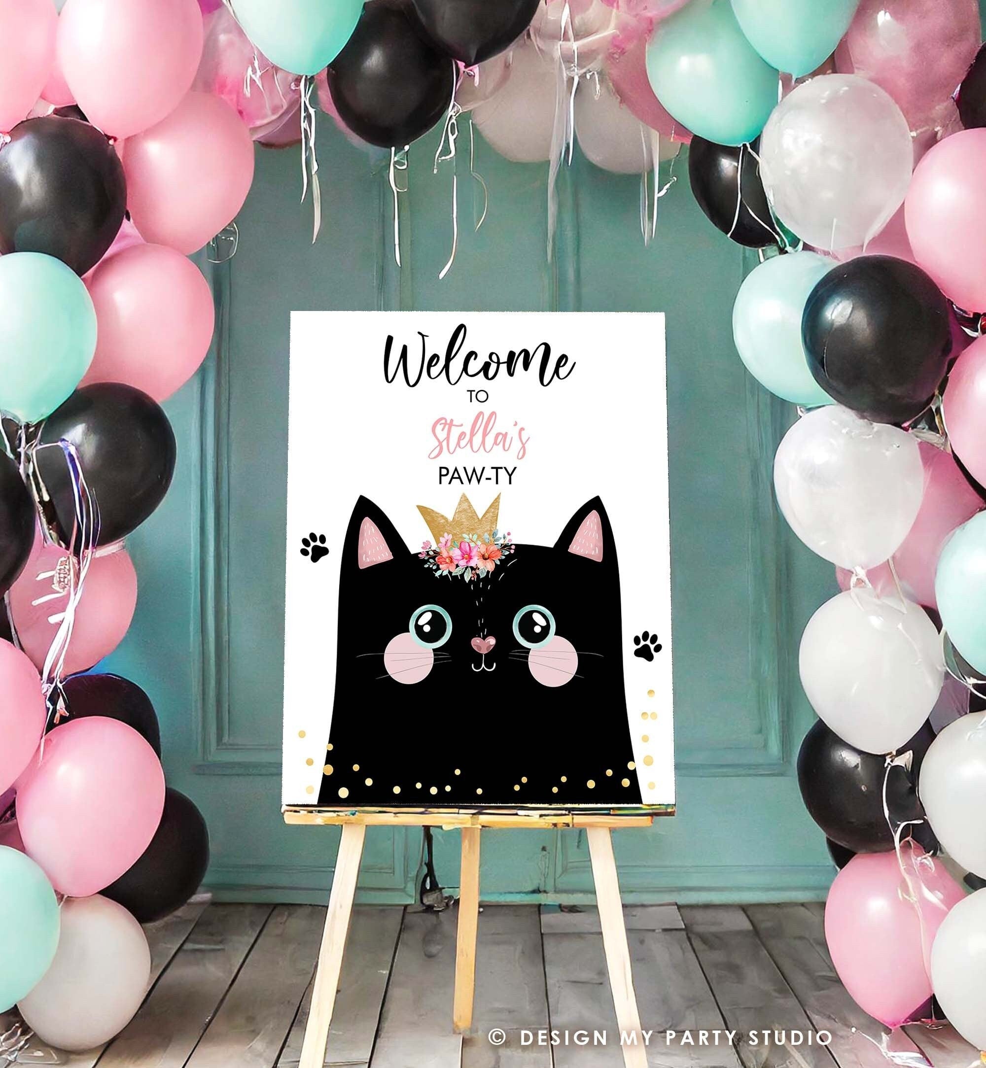 Editable Kitten Birthday Welcome Sign Pawty Sign Cat Birthday Welcome Kitty Animal Kitten Meow Black Cat Girl Template PRINTABLE Corjl 0381