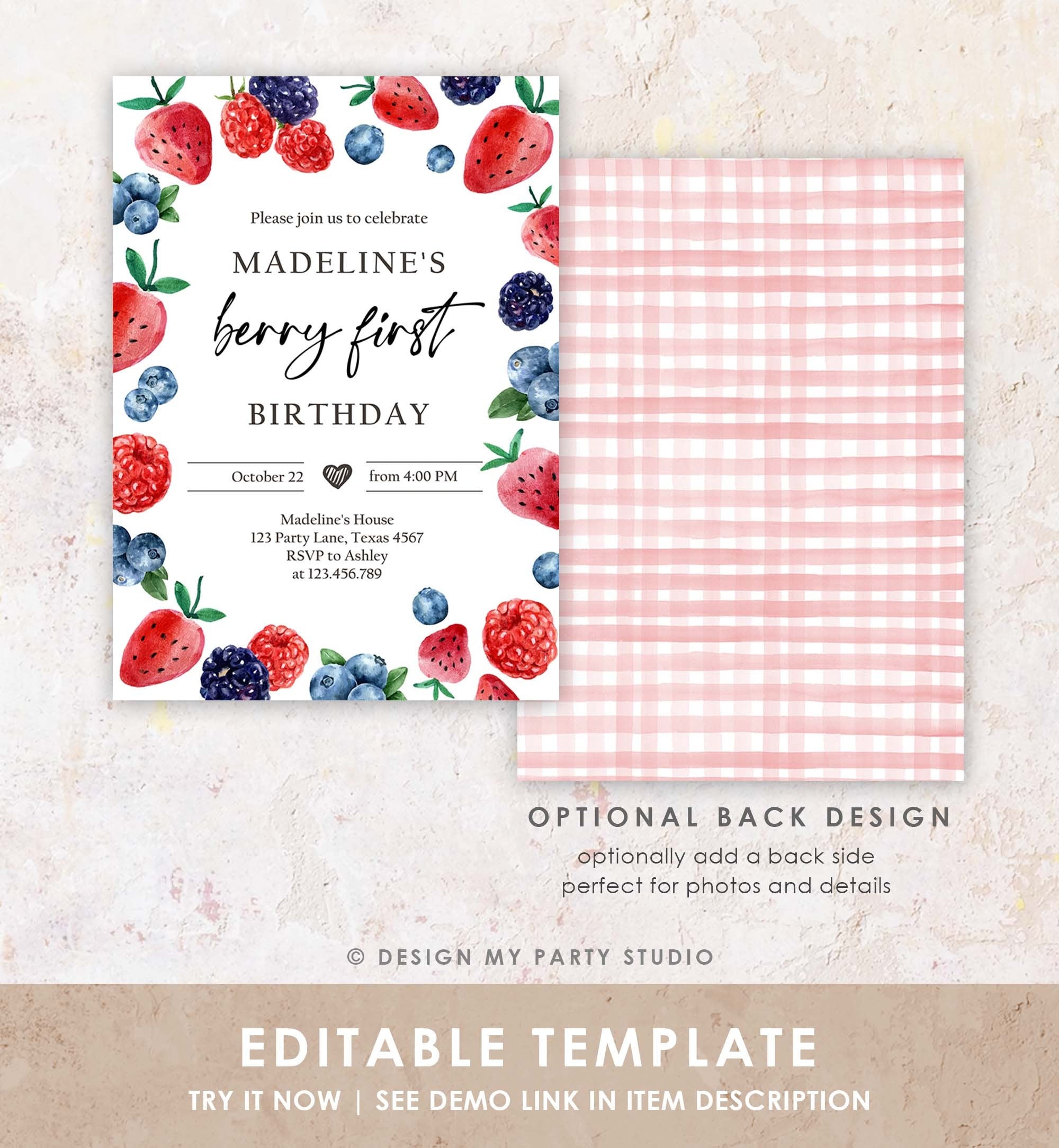 Editable Berry Sweet Birthday Invitation Blueberry Strawberry Raspberry Party Farmers Market Picking Printable Template Corjl Digital 0399