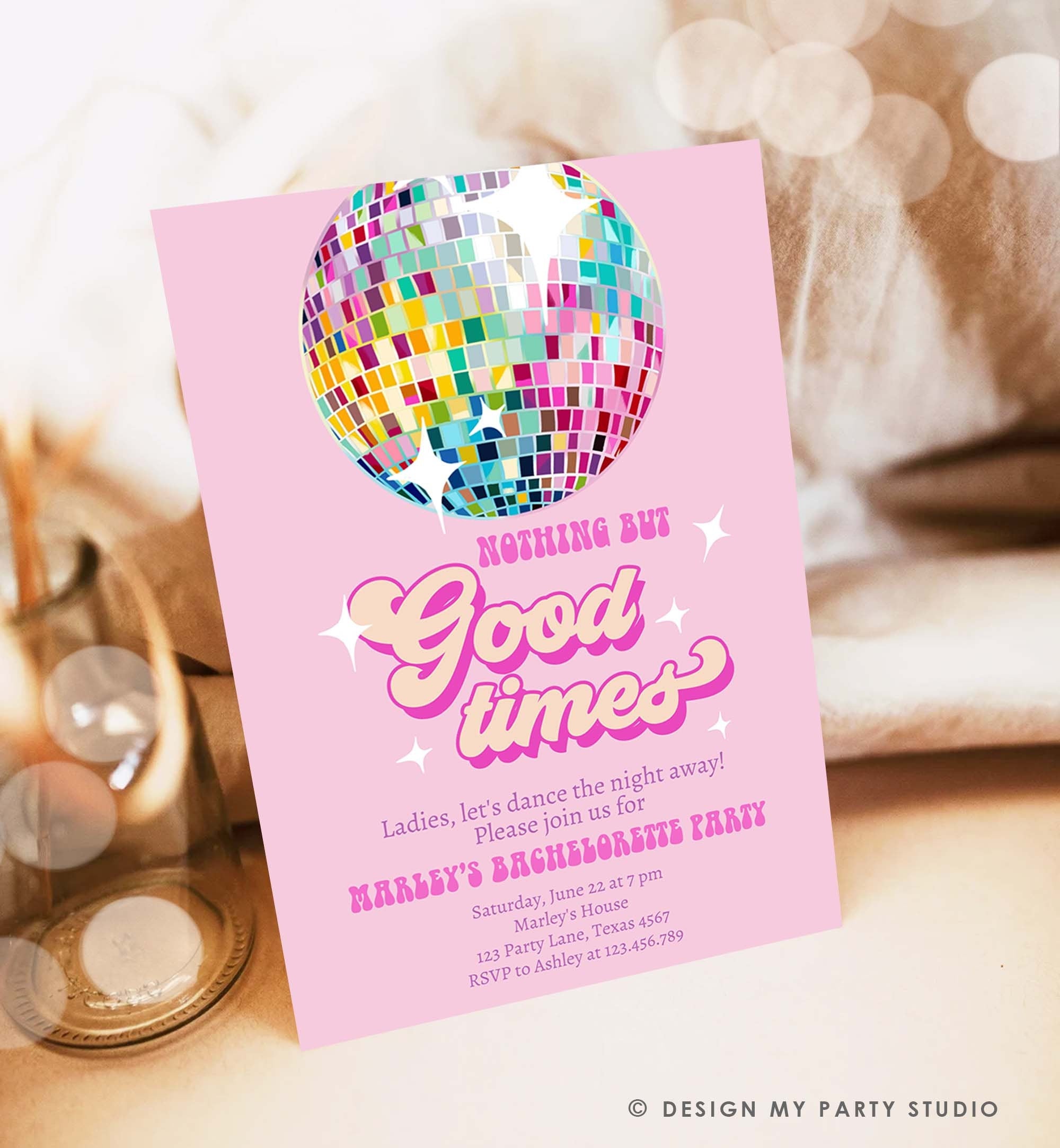 Editable Disco bachelorette party invitation Last Disco Bachelorette Invite Disco Ball Pink Digital Download Evite Template Printable 0501