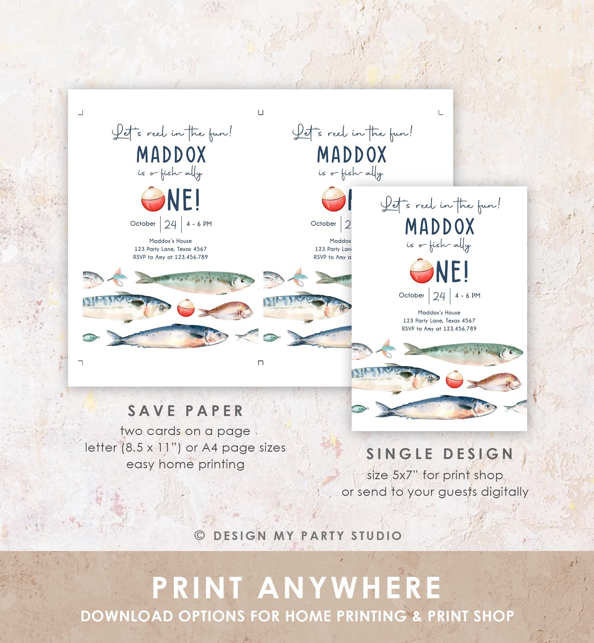 Editable Fishing Birthday Invitation Fishing Party O-Fish-Ally The Big One Gone Fishing Blue Boy Download Printable Template Corjl 0454