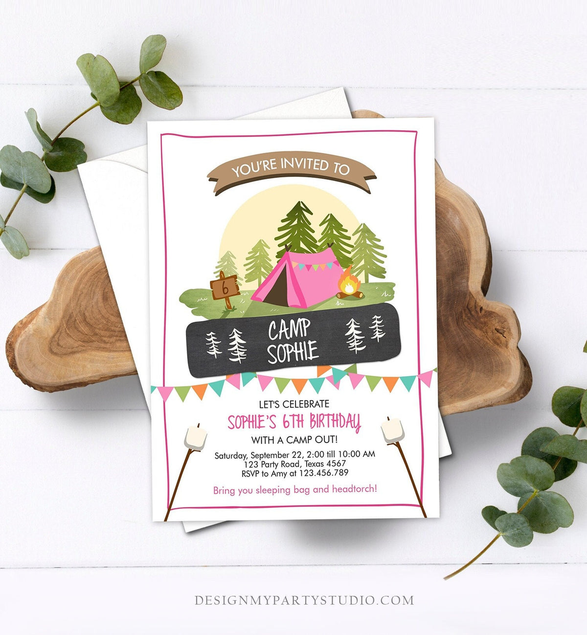 Editable Glamping Party Invitation Camp Out Birthday Invite Bonfire Outdoor Camping Tent Girl Pink Download Printable Template Corjl 0302