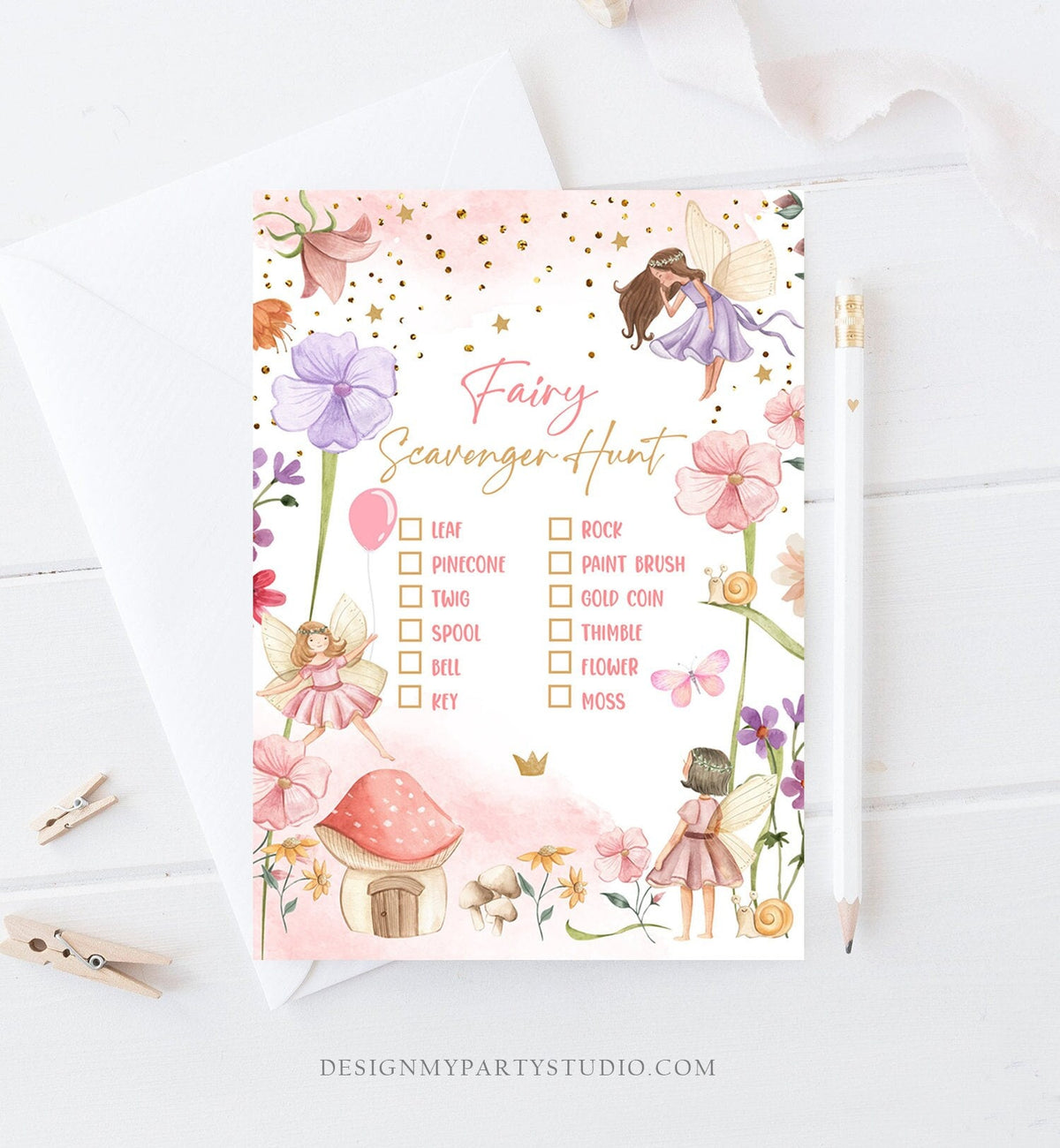 Editable Scavenger Hunt Checklist Game Party Fairy Birthday Activity Whimsical Enchanted Forest Tea Garden Girl Download Corjl Template 0406