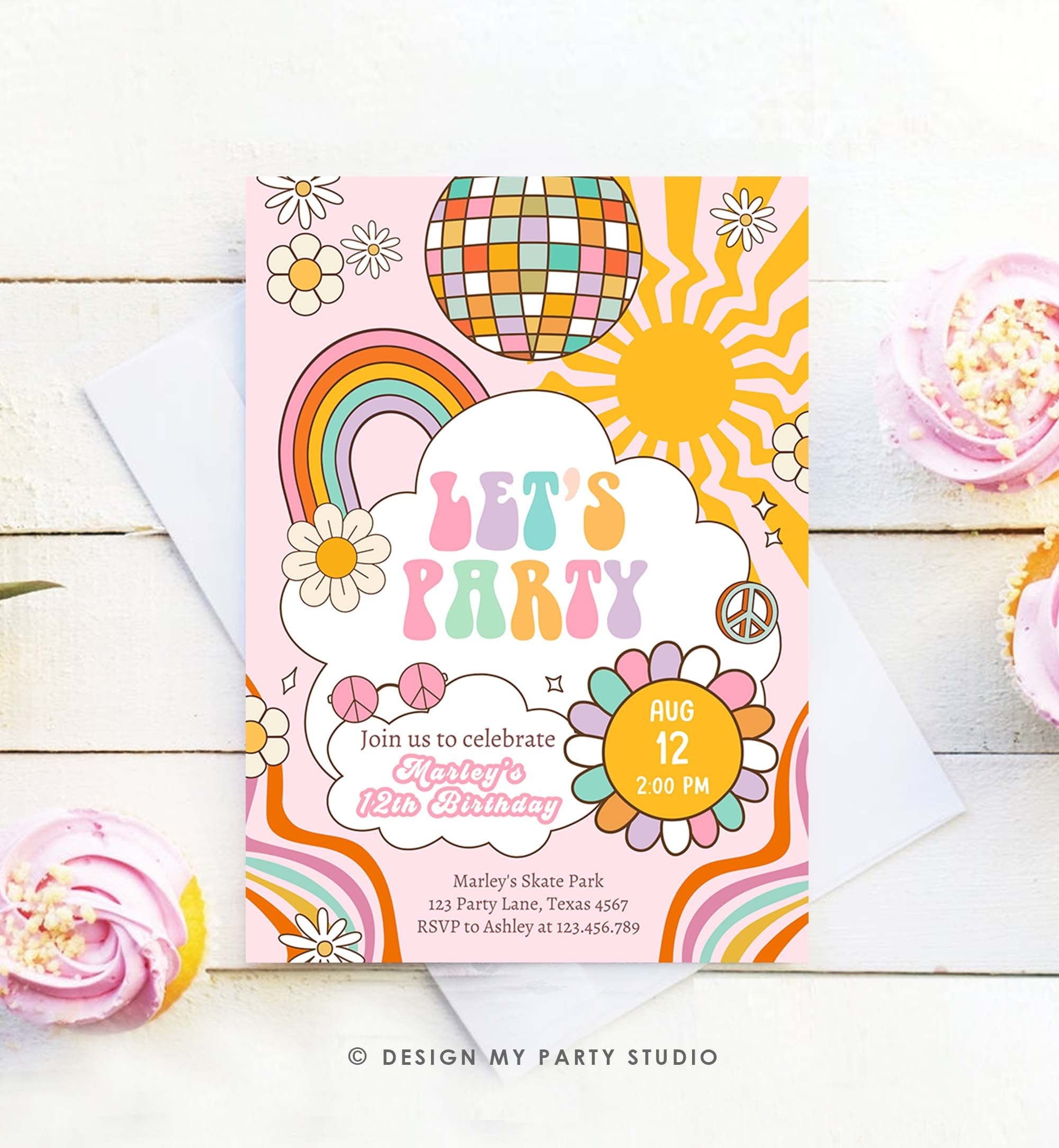 Editable Groovy Birthday Party Invitation Let's Party Birthday Boho Retro Flower Power 70's Girl Pink Download Template Corjl Digital 0459