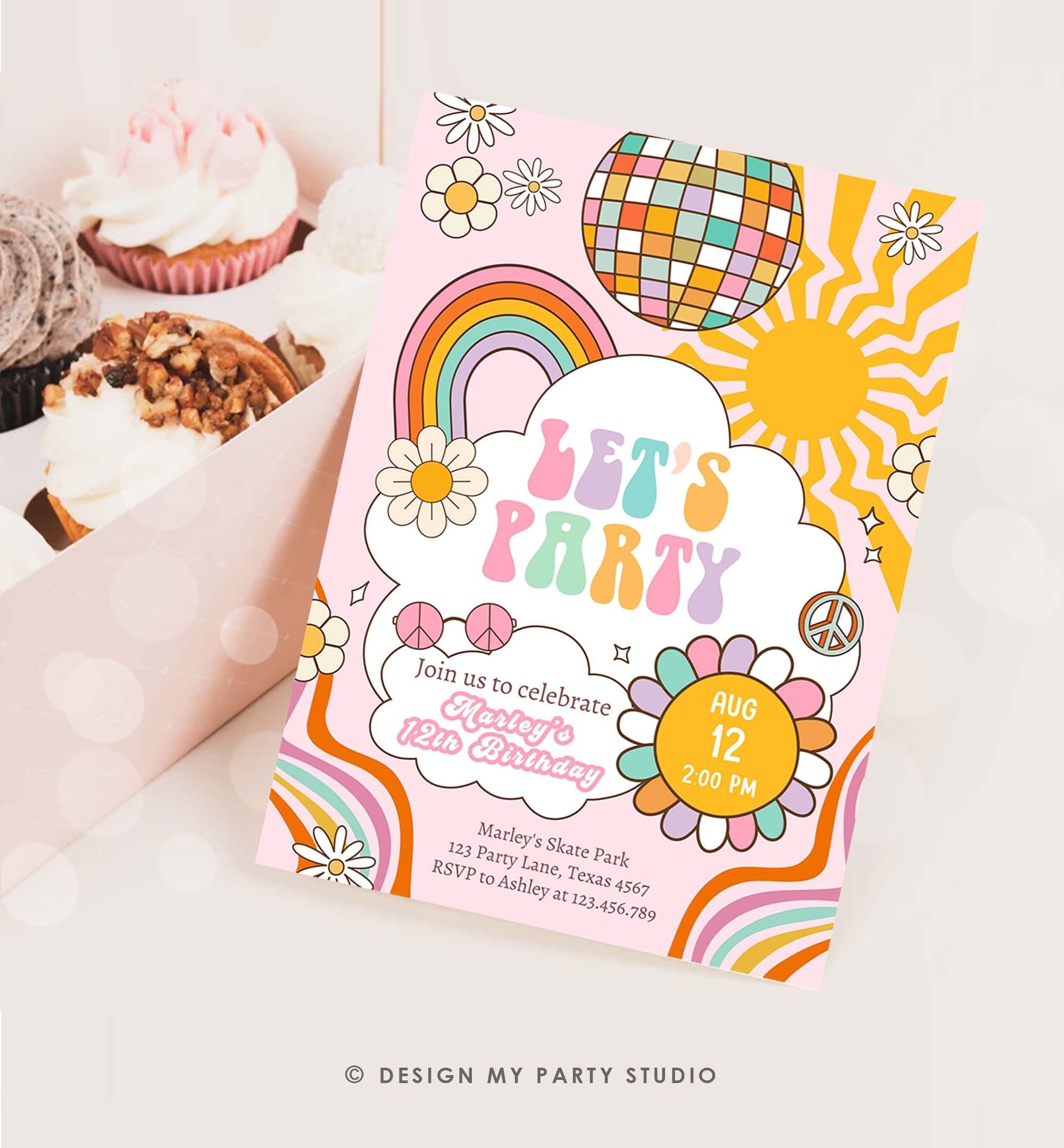 Editable Groovy Birthday Party Invitation Let's Party Birthday Boho Retro Flower Power 70's Girl Pink Download Template Corjl Digital 0459