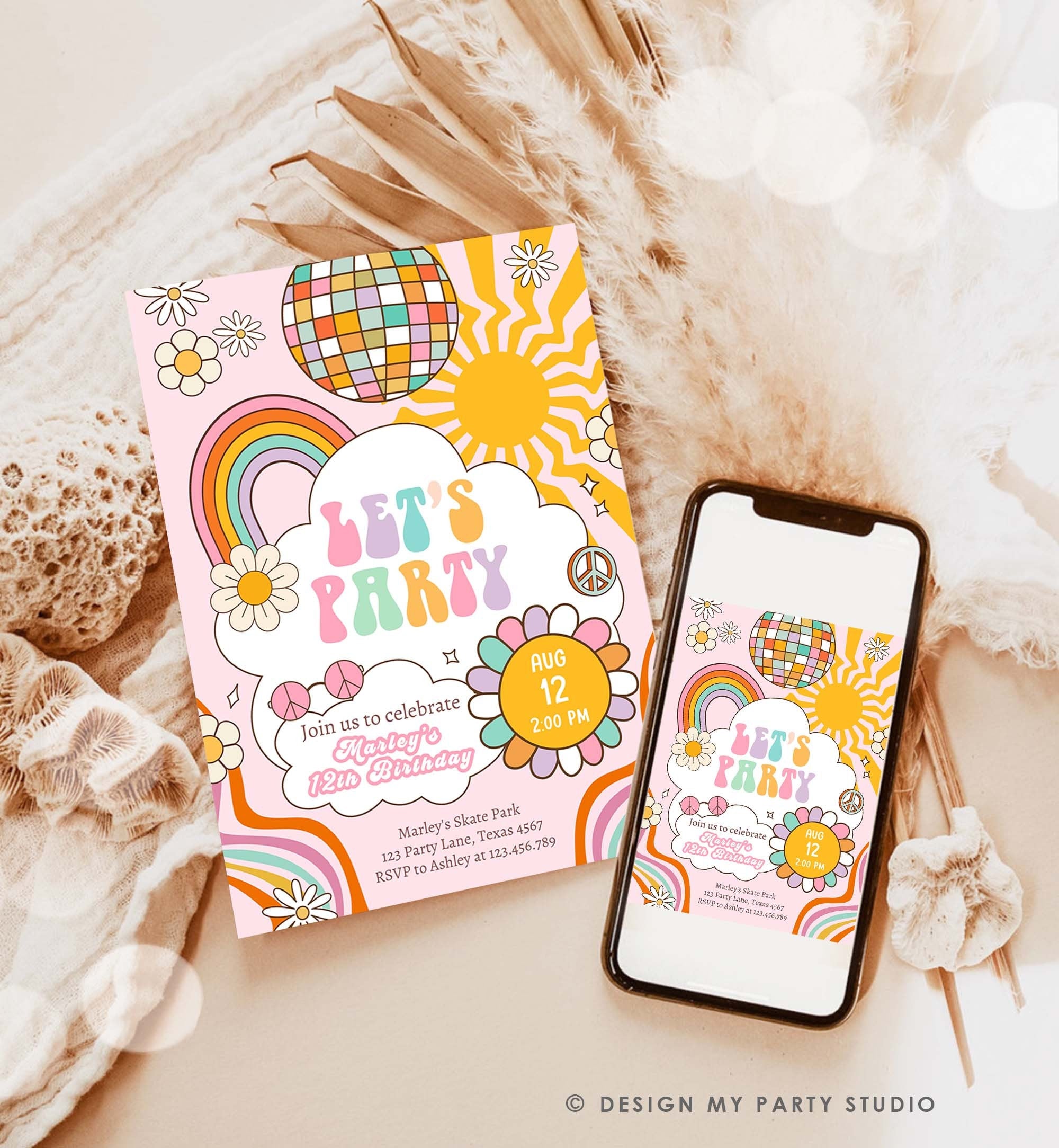 Editable Groovy Birthday Party Invitation Let's Party Birthday Boho Retro Flower Power 70's Girl Pink Download Template Corjl Digital 0459