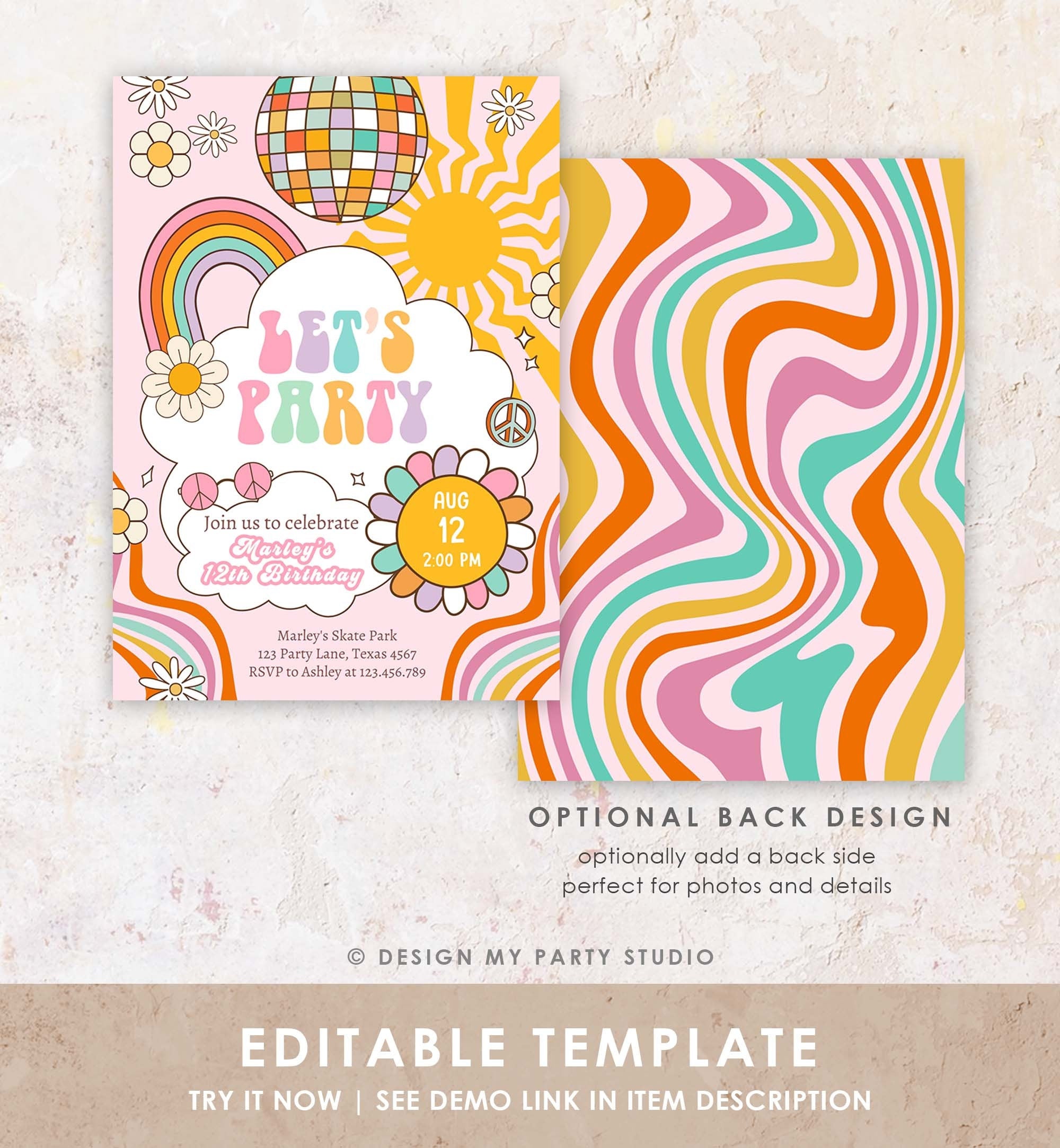 Editable Groovy Birthday Party Invitation Let's Party Birthday Boho Retro Flower Power 70's Girl Pink Download Template Corjl Digital 0459