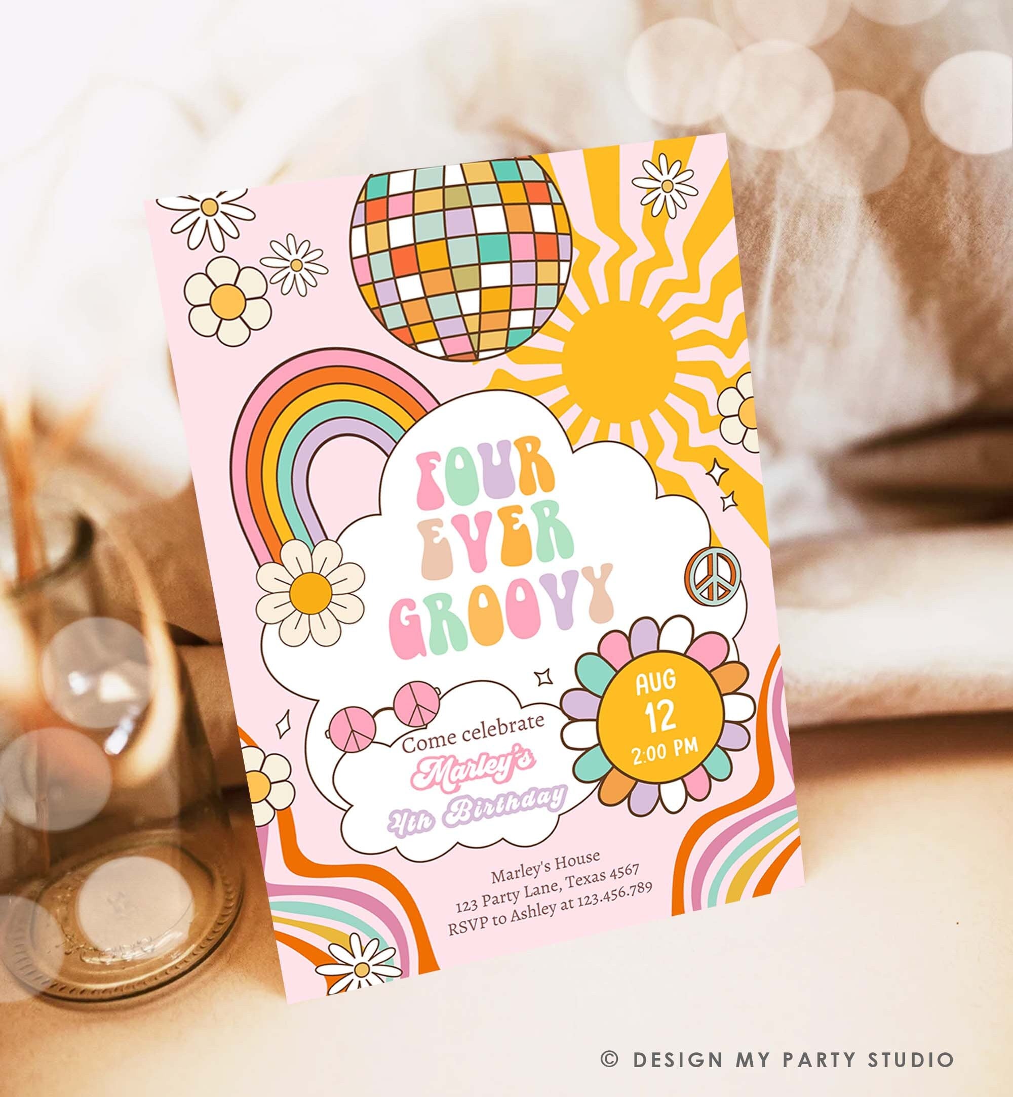 Editable Four ever Groovy Birthday Invitation 4th Birthday Retro Invite Rainbow Peace Love Party Four Download Template Corjl Digital 0459