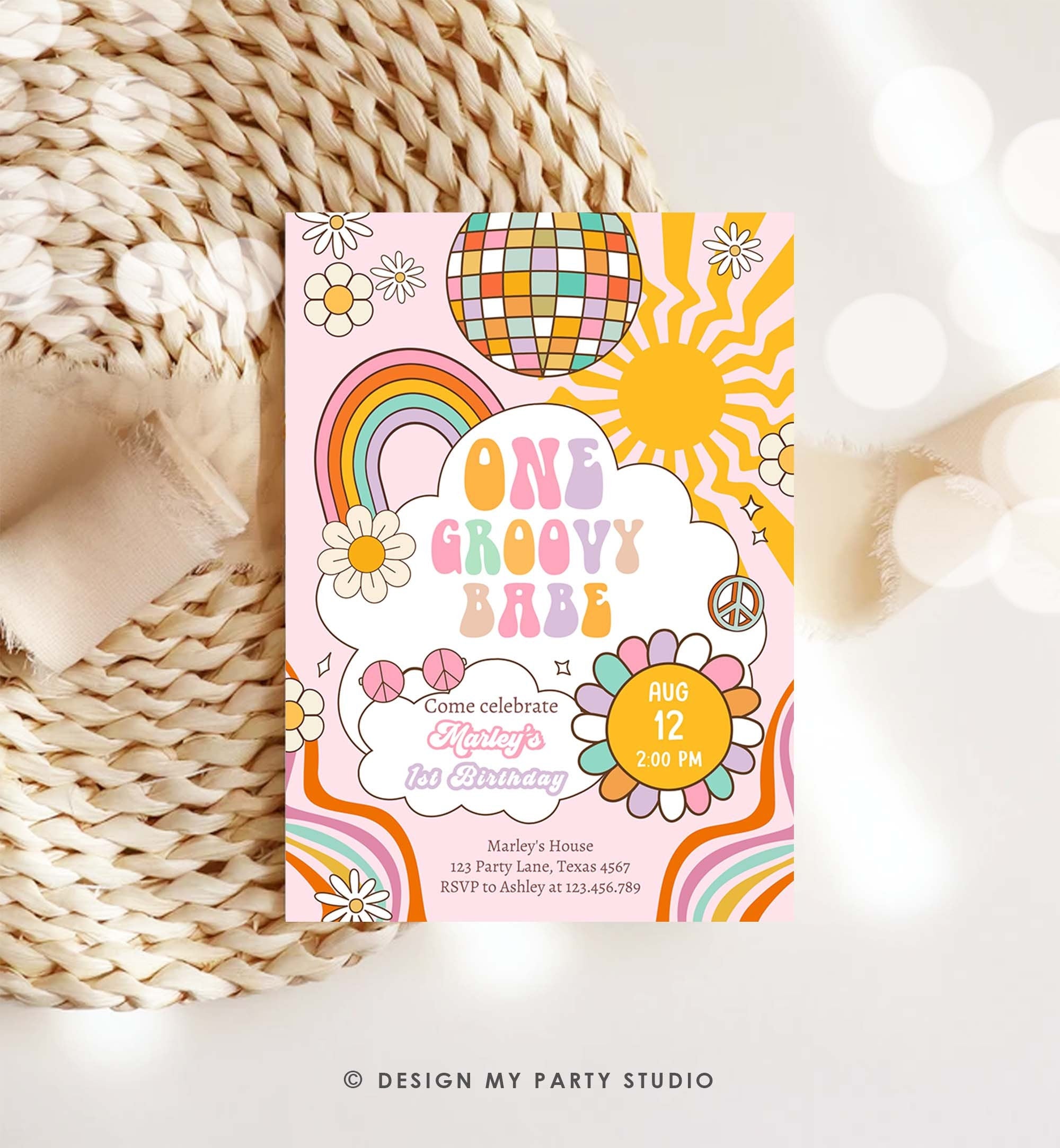 Editable Groovy One Retro 1st Birthday Invitation First Birthday One Groovy Babe Invite Peace Love Pink Download Template Corjl Digital 0459