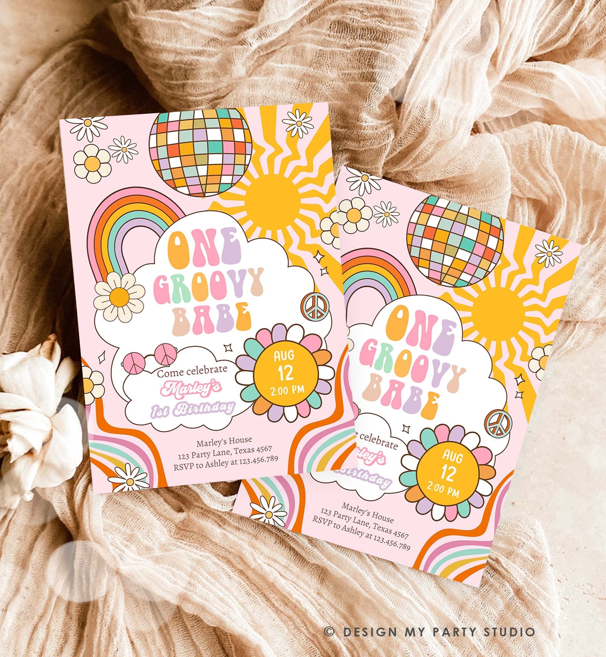 Editable Groovy One Retro 1st Birthday Invitation First Birthday One Groovy Babe Invite Peace Love Pink Download Template Corjl Digital 0459