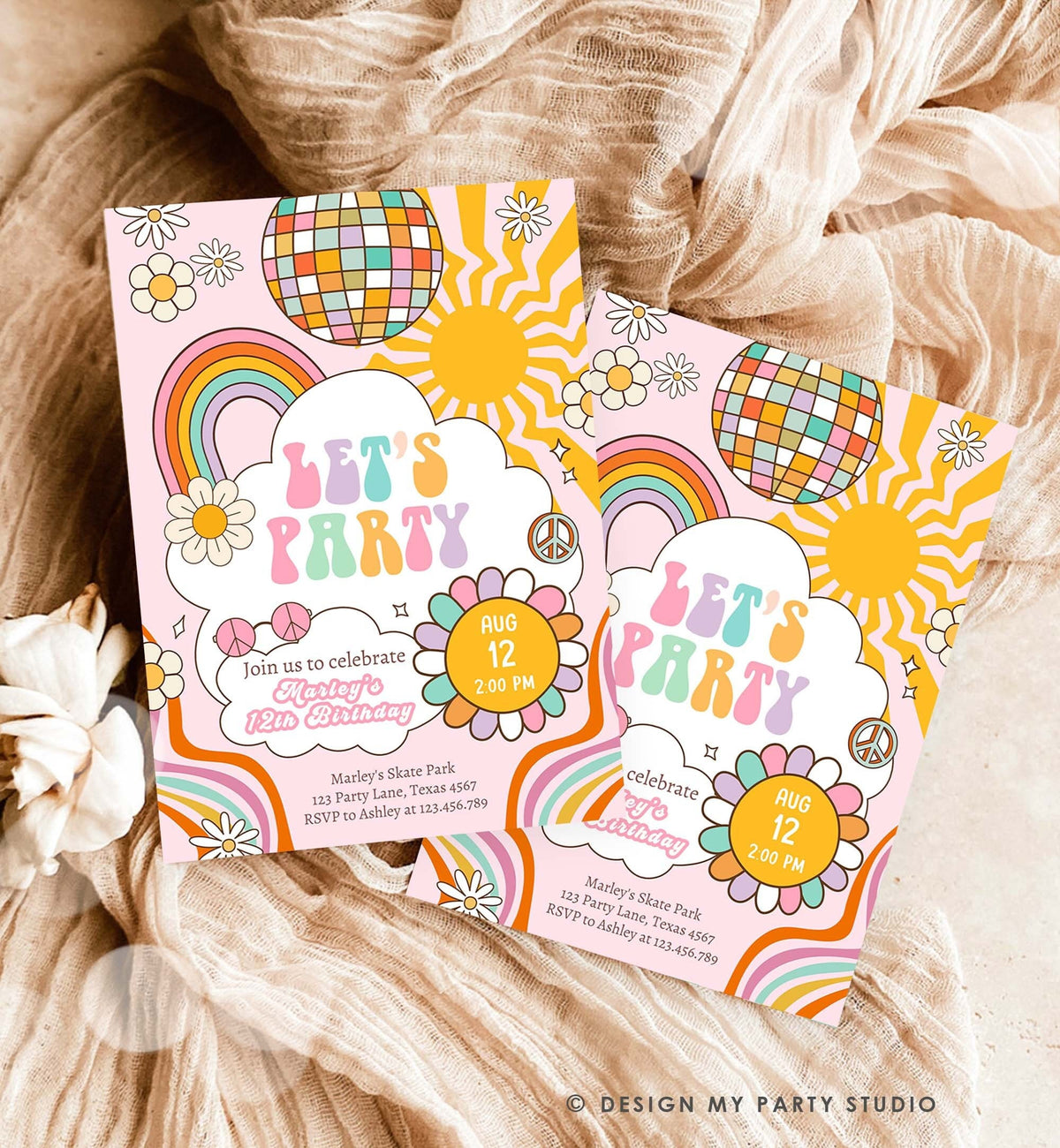 Editable Groovy Birthday Party Invitation Let&#39;s Party Birthday Boho Retro Flower Power 70&#39;s Girl Pink Download Template Corjl Digital 0459