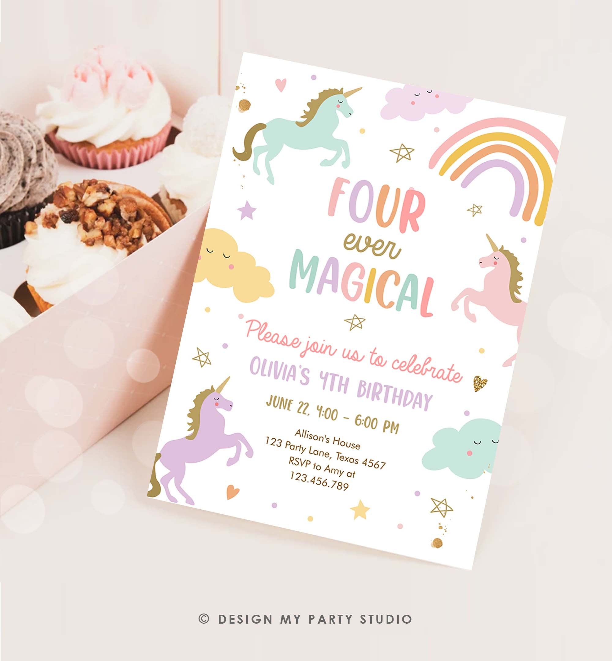 Editable Unicorn 4th Birthday Invitation Four Ever Magical Party Invite Girl Pastel Fourth Birthday Template Rainbow Download Corjl 0426