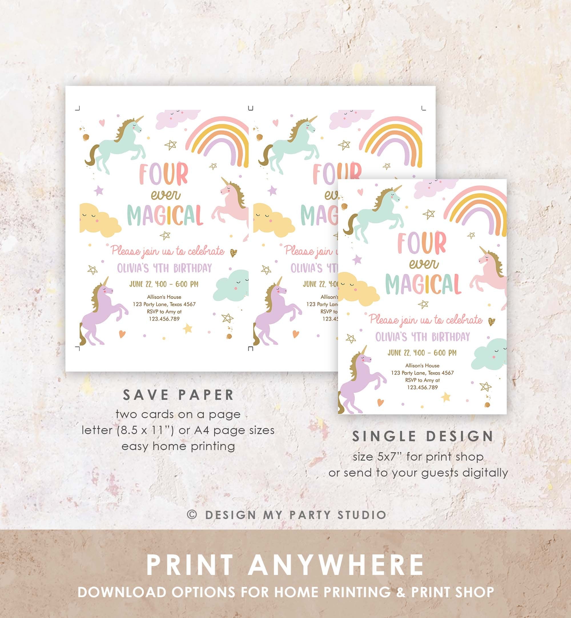 Editable Unicorn 4th Birthday Invitation Four Ever Magical Party Invite Girl Pastel Fourth Birthday Template Rainbow Download Corjl 0426