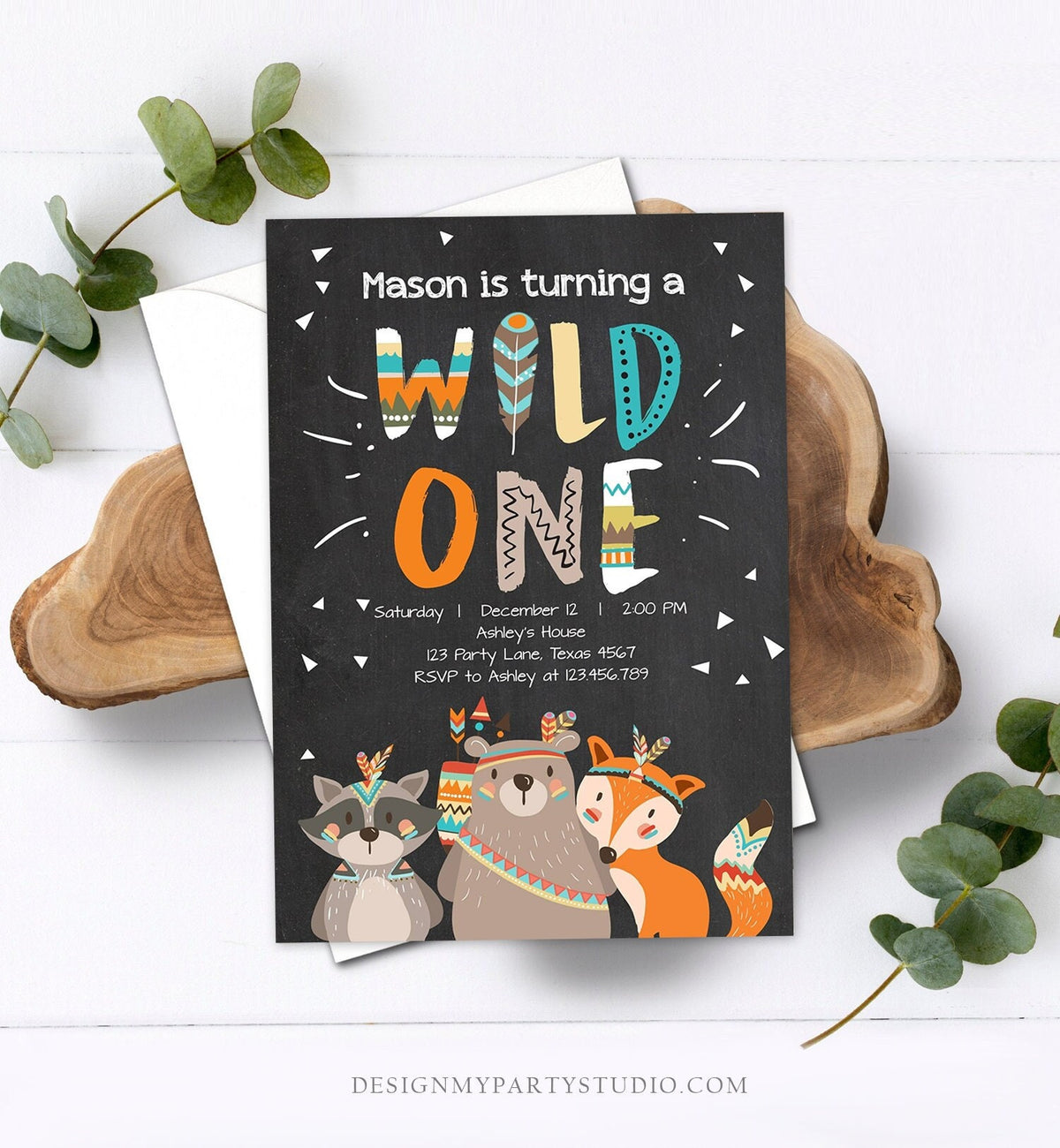 Editable Tribal Woodland Wild One First Birthday Invitation Boho Woodland Animals Boy Chalk Download Printable Template Corjl Digital 0061