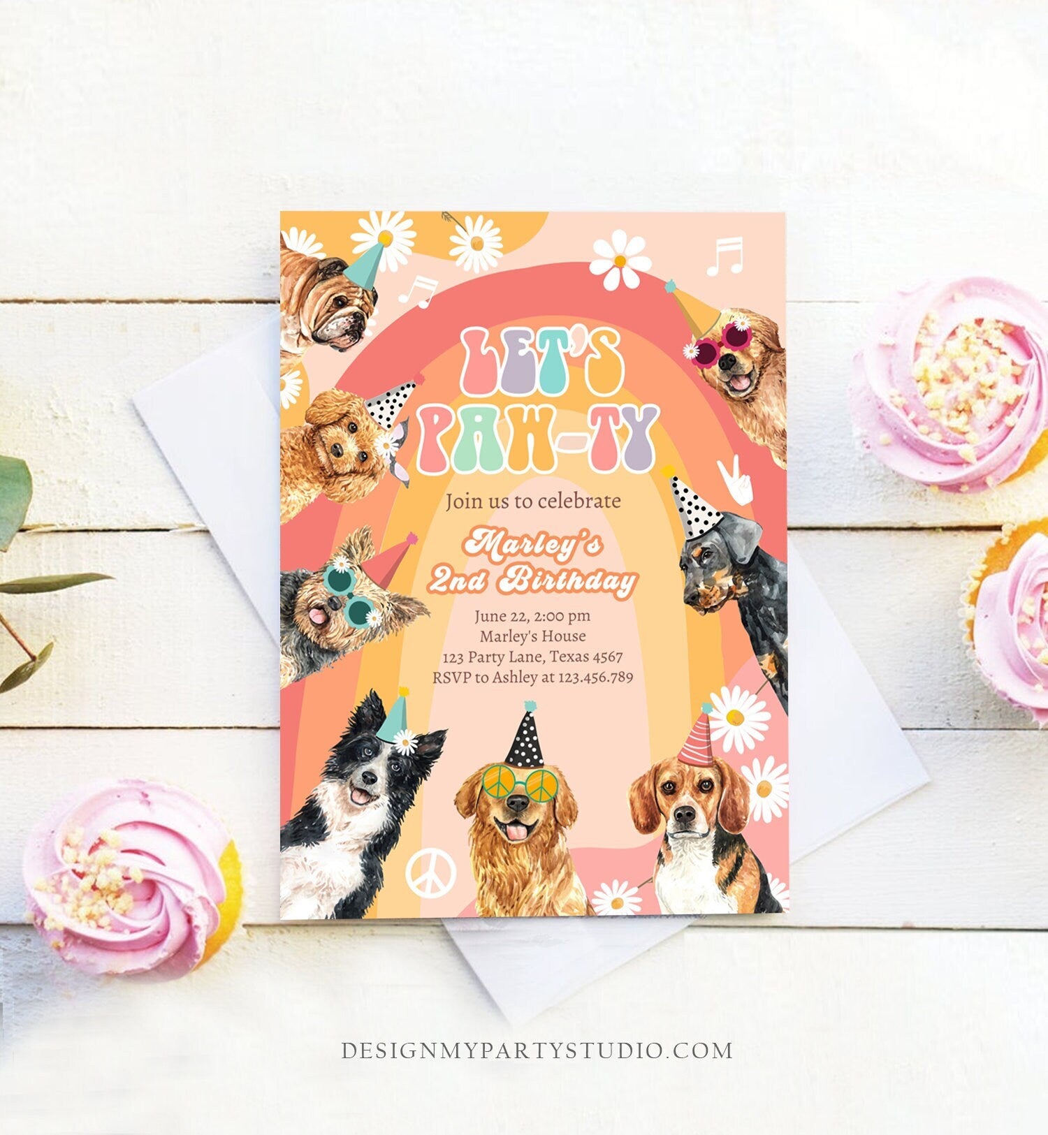 Editable Groovy Dog Birthday Party Invitation Retro Puppy Birthday Invite Girl Doggy Daisy Lets Pawty Download Printable Template Corjl 0463