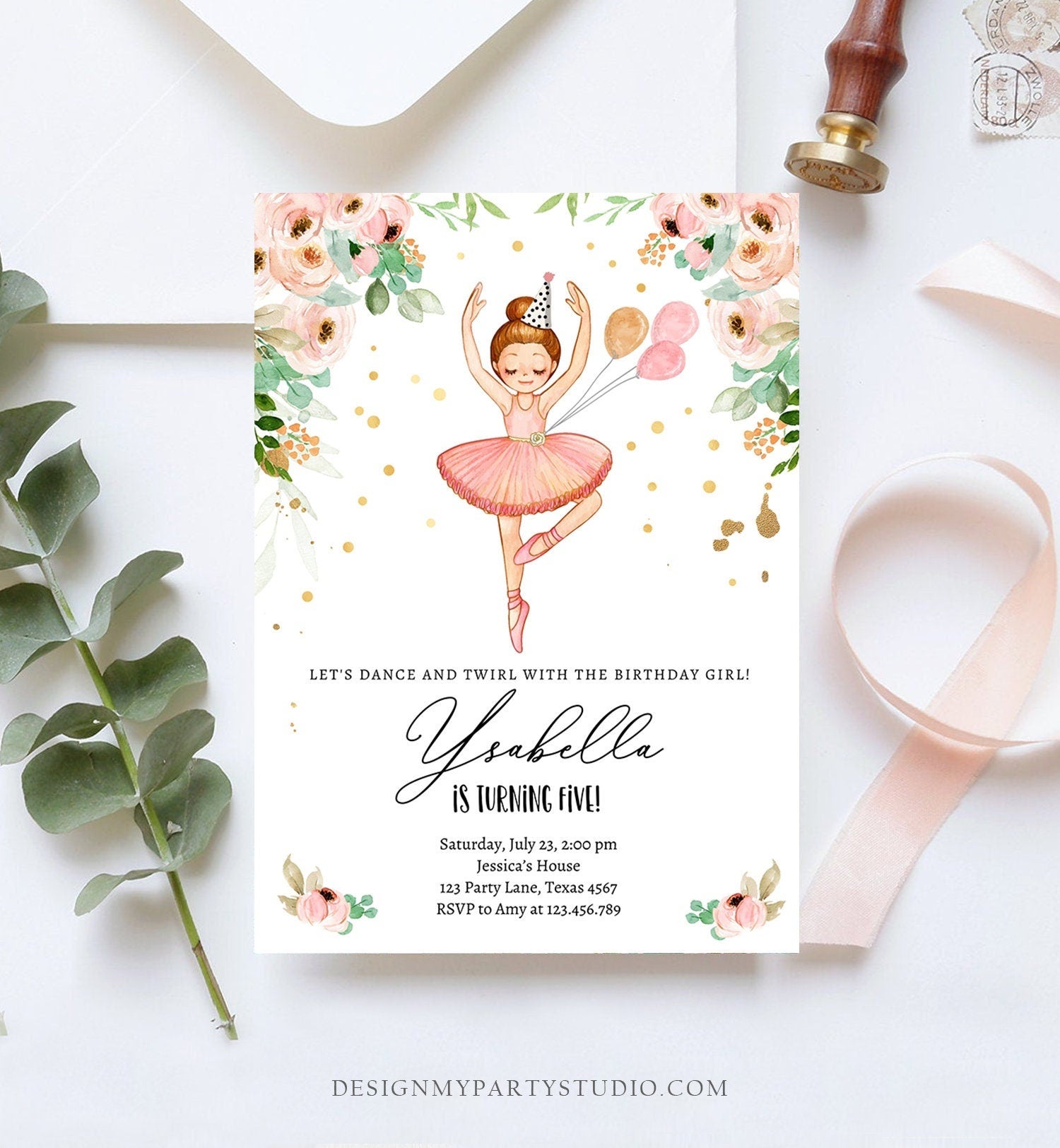 Editable Ballerina Birthday Invitation Ballerina Invitation Ballet Girl Tutu Dress Pink Gold Download Printable Invite Template Corjl 0375