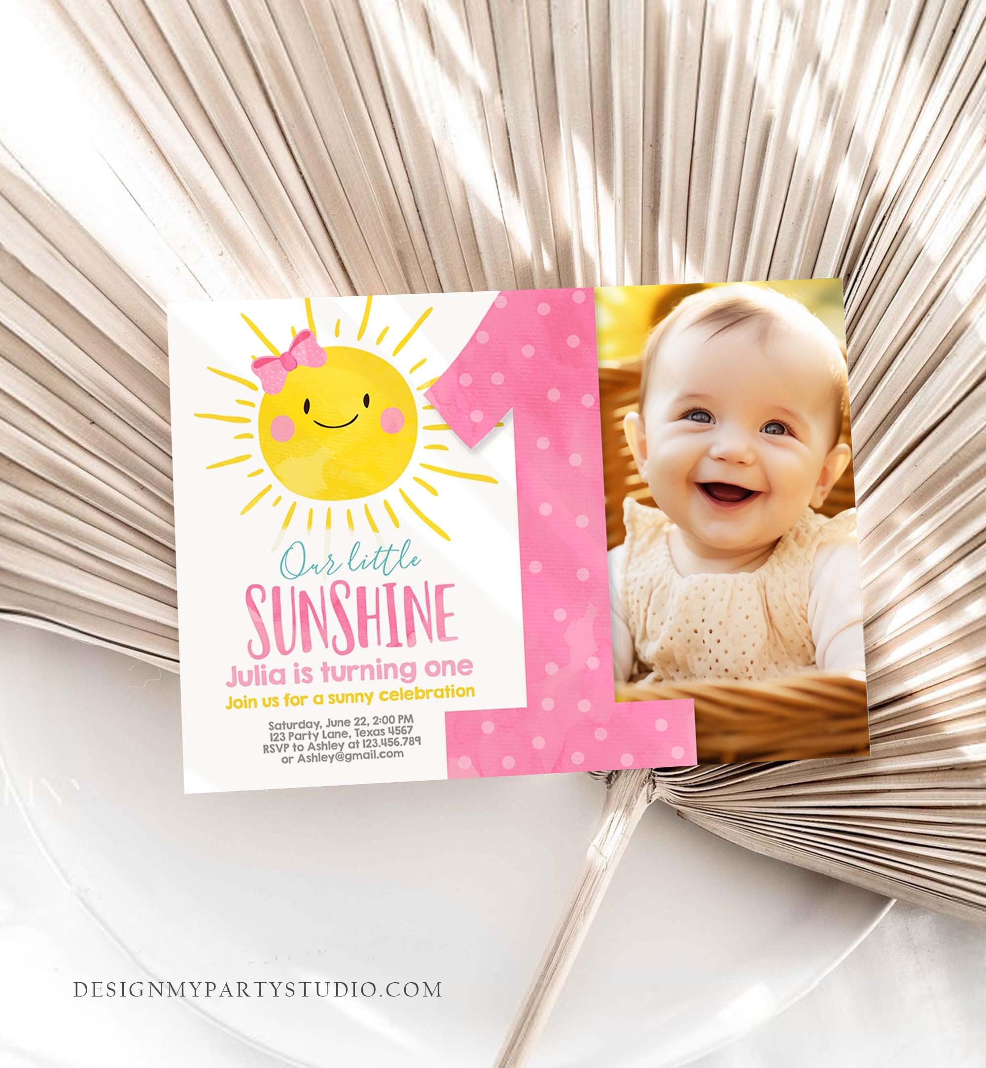 Editable Our Little Sunshine Birthday Invitation Sunshine Party Pink Girl Summer First Birthday Download Printable Corjl Template 0141