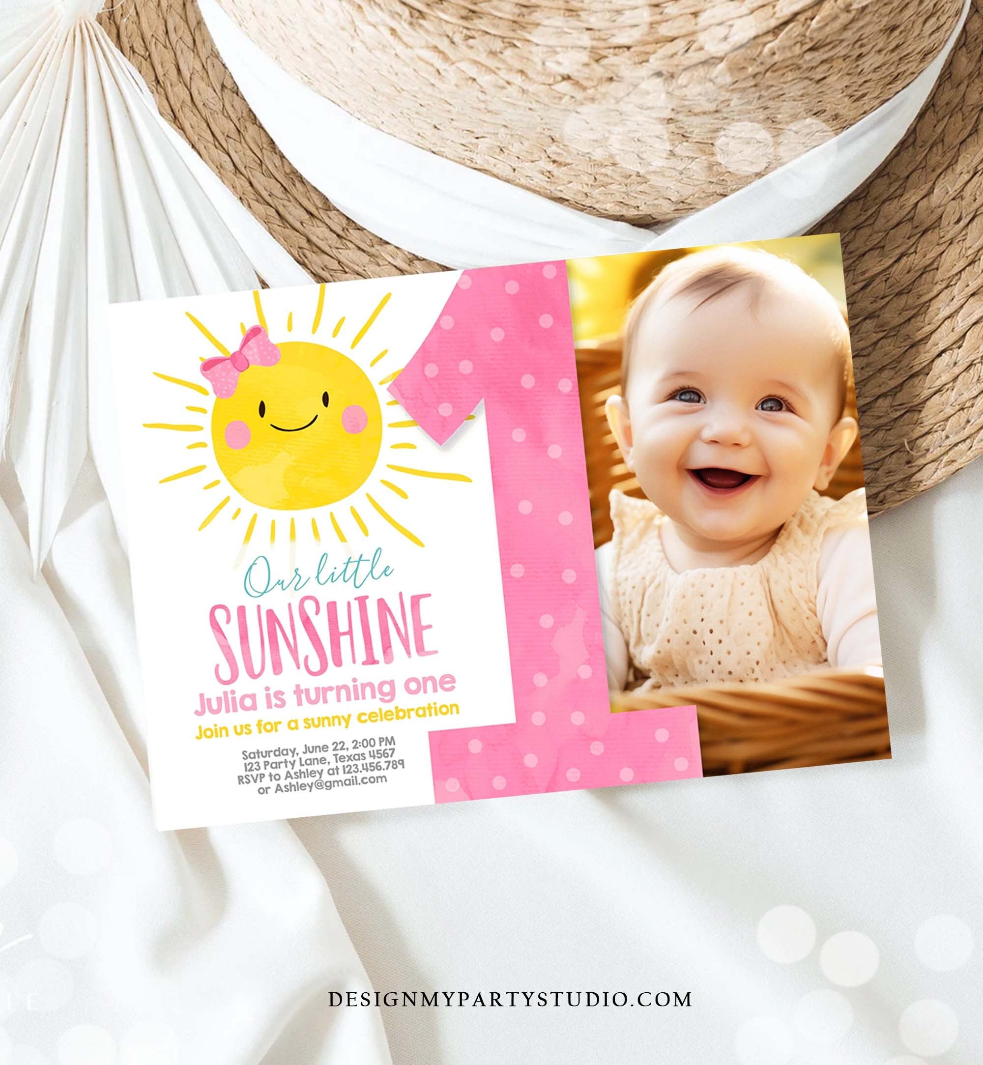 Editable Our Little Sunshine Birthday Invitation Sunshine Party Pink Girl Summer First Birthday Download Printable Corjl Template 0141