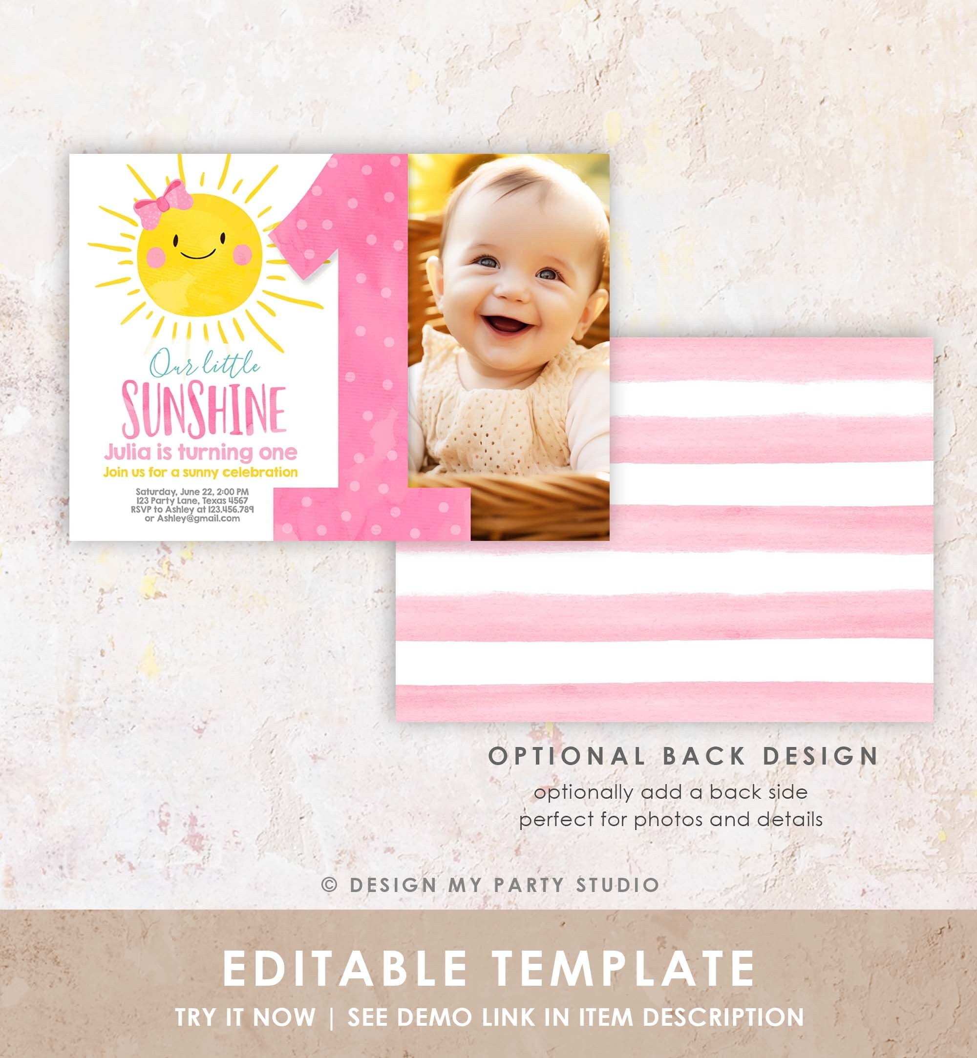 Editable Our Little Sunshine Birthday Invitation Sunshine Party Pink Girl Summer First Birthday Download Printable Corjl Template 0141