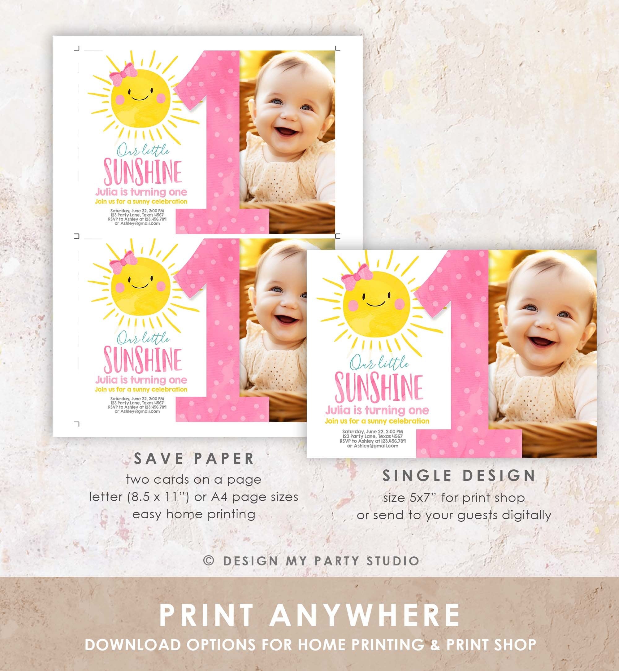 Editable Our Little Sunshine Birthday Invitation Sunshine Party Pink Girl Summer First Birthday Download Printable Corjl Template 0141