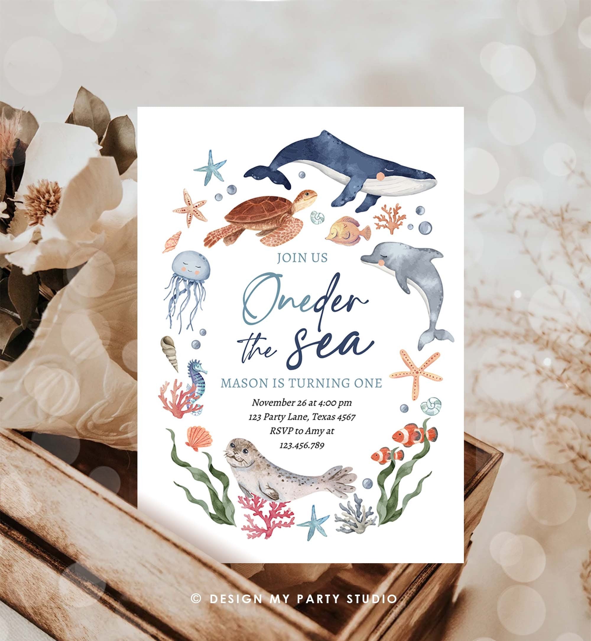 Editable Oneder the Sea Birthday Invitation Nautical 1st Birthday First Under The Sea Ocean Animals Download Printable Corjl Template 0504