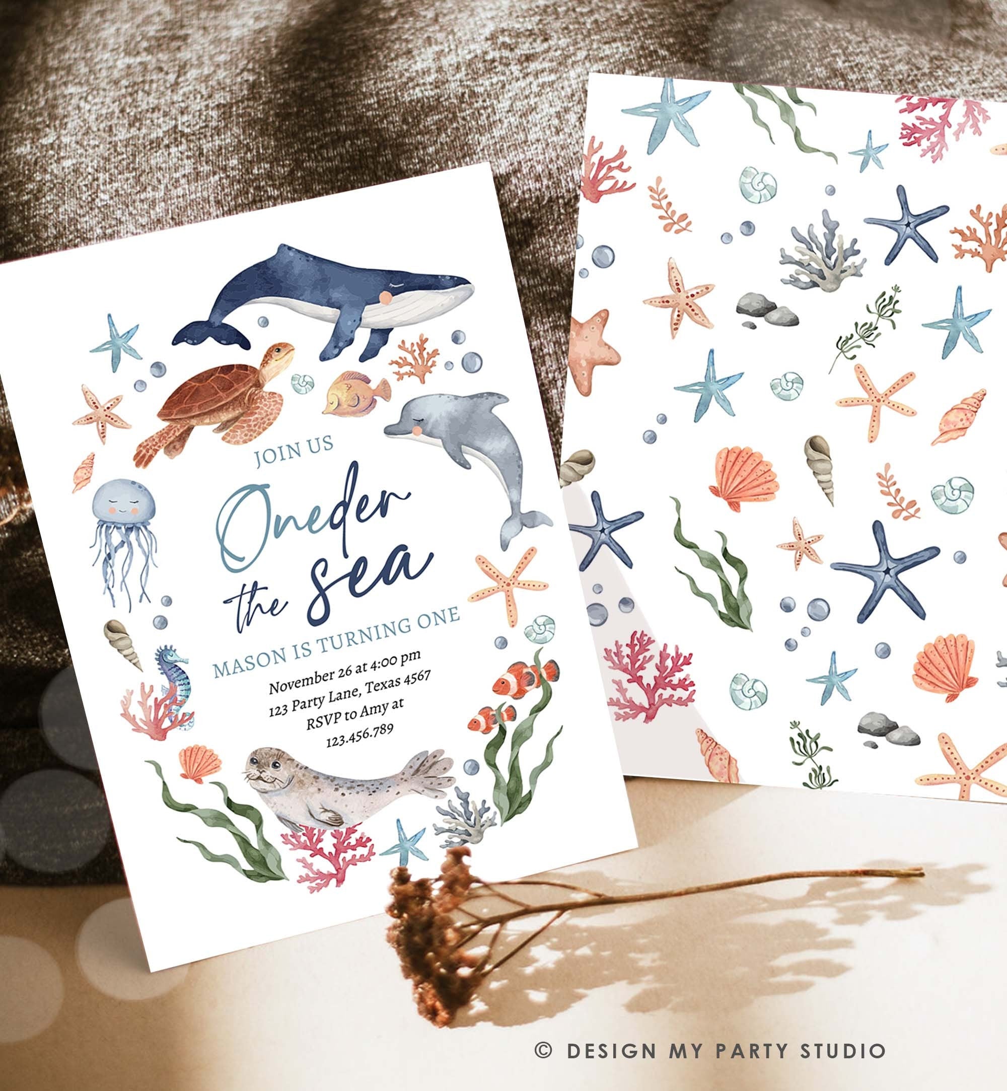 Editable Oneder the Sea Birthday Invitation Nautical 1st Birthday First Under The Sea Ocean Animals Download Printable Corjl Template 0504