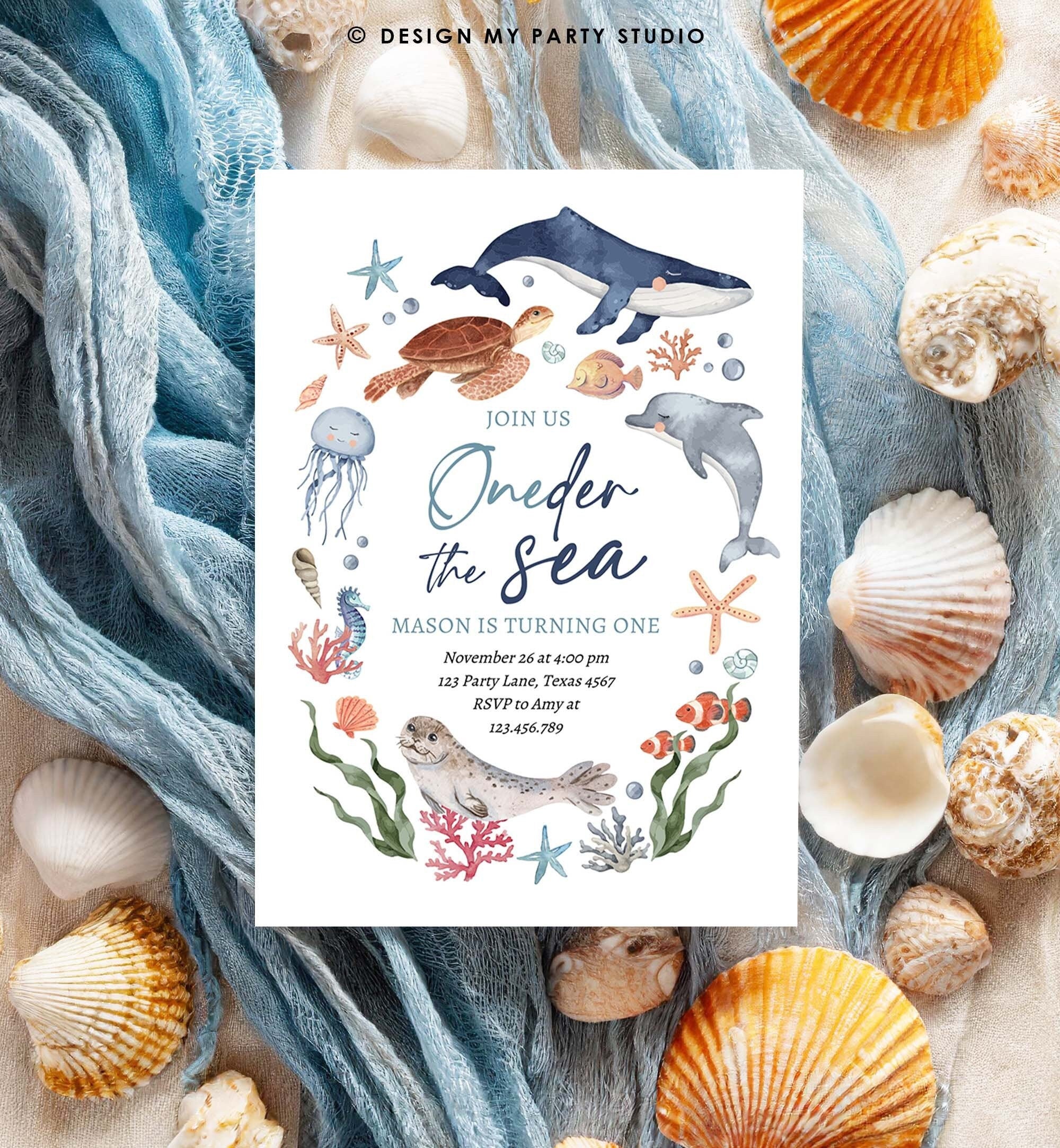 Editable Oneder the Sea Birthday Invitation Nautical 1st Birthday First Under The Sea Ocean Animals Download Printable Corjl Template 0504