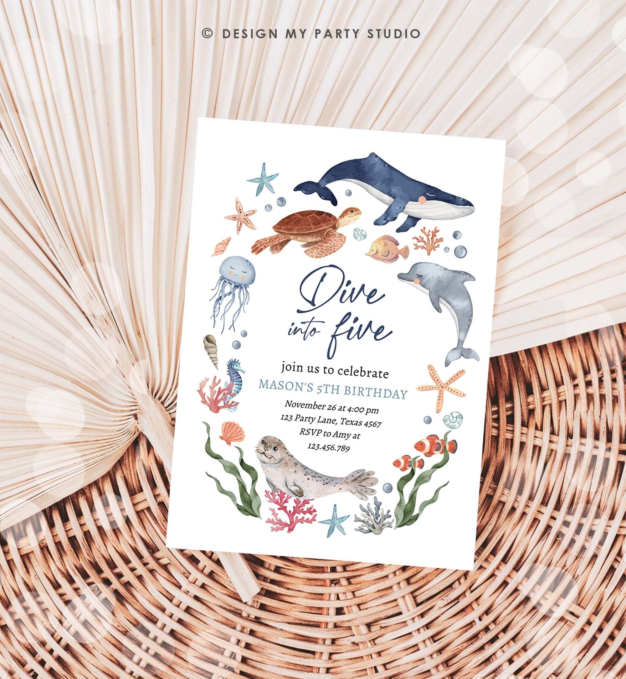 Editable Dive Into Five Birthday Invitation Nautical 5th Birthday Under The Sea Invite Ocean Animals Download Printable Corjl Template 0504