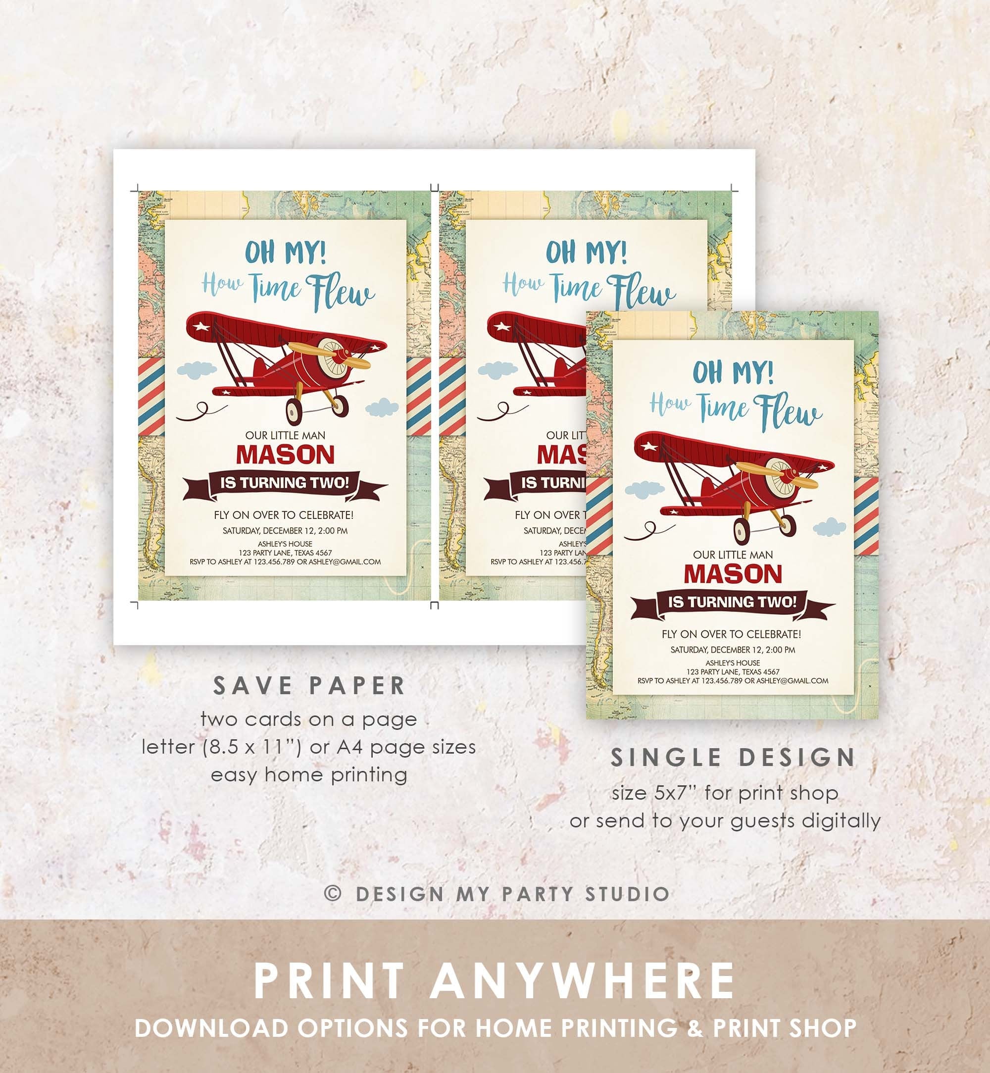 Editable Airplane Birthday Invitation Oh My Time Flew Red Airplane Second Birthday Plane Sky Instant Download Printable Evite Template 0011