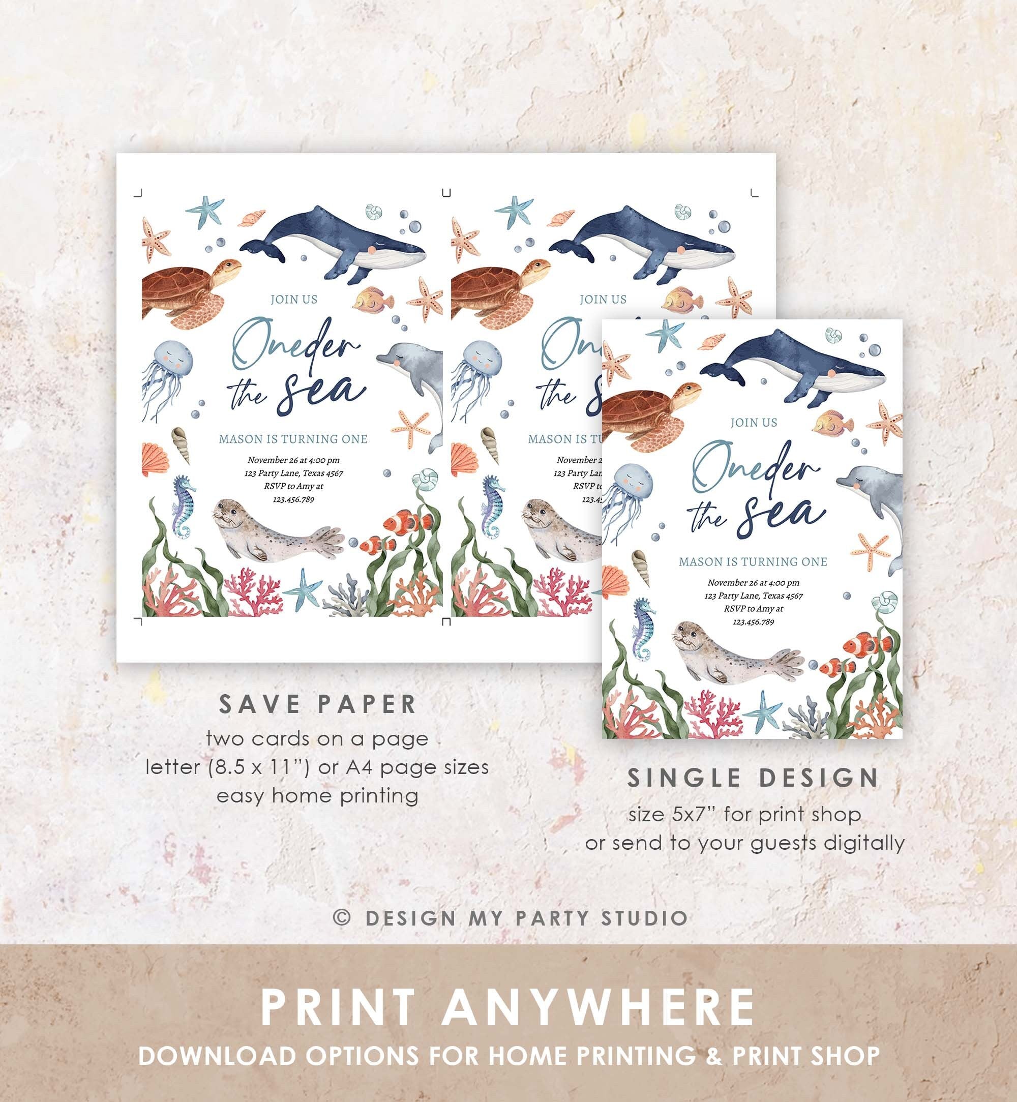 Editable Oneder the Sea Birthday Invitation Nautical 1st Birthday First Under The Sea Ocean Animals Download Printable Corjl Template 0504