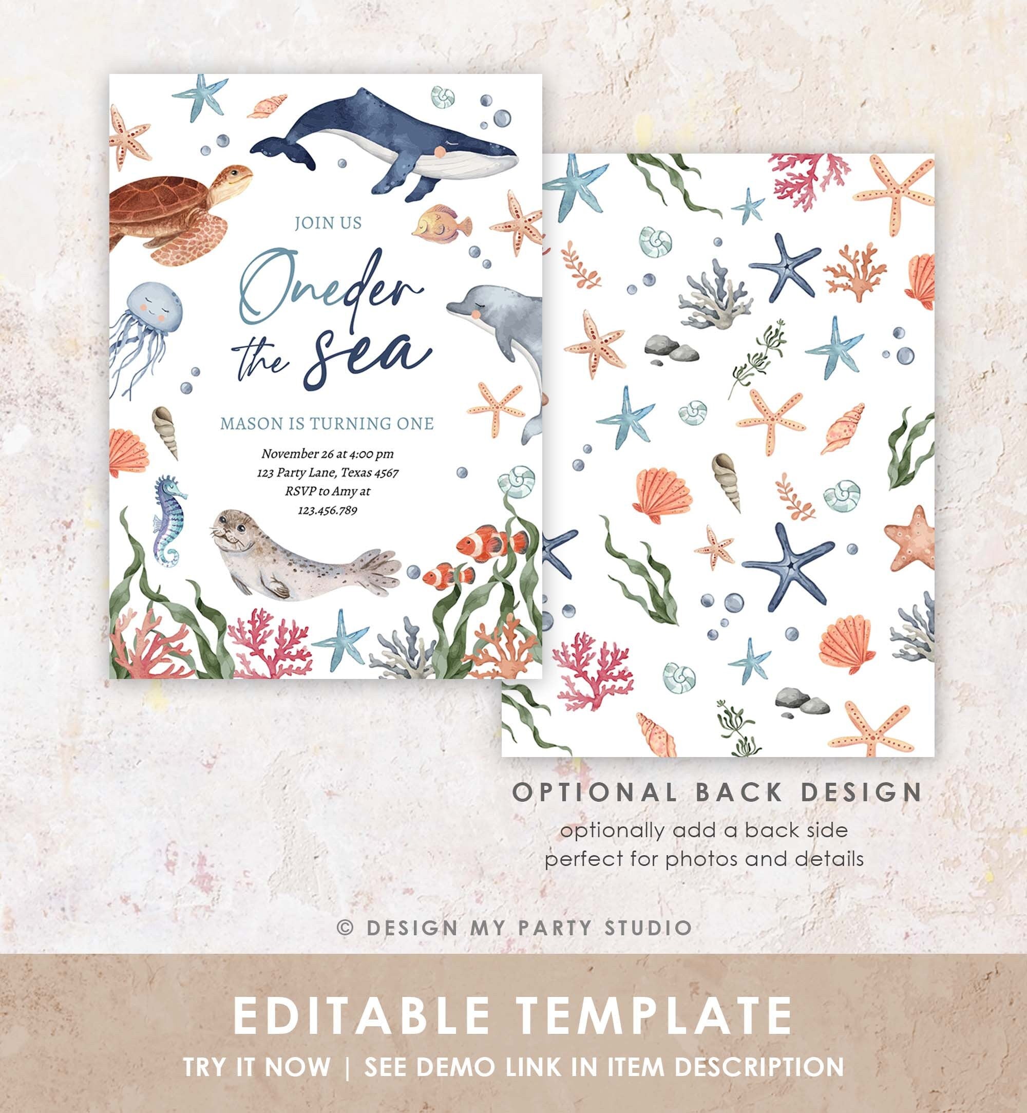 Editable Oneder the Sea Birthday Invitation Nautical 1st Birthday First Under The Sea Ocean Animals Download Printable Corjl Template 0504