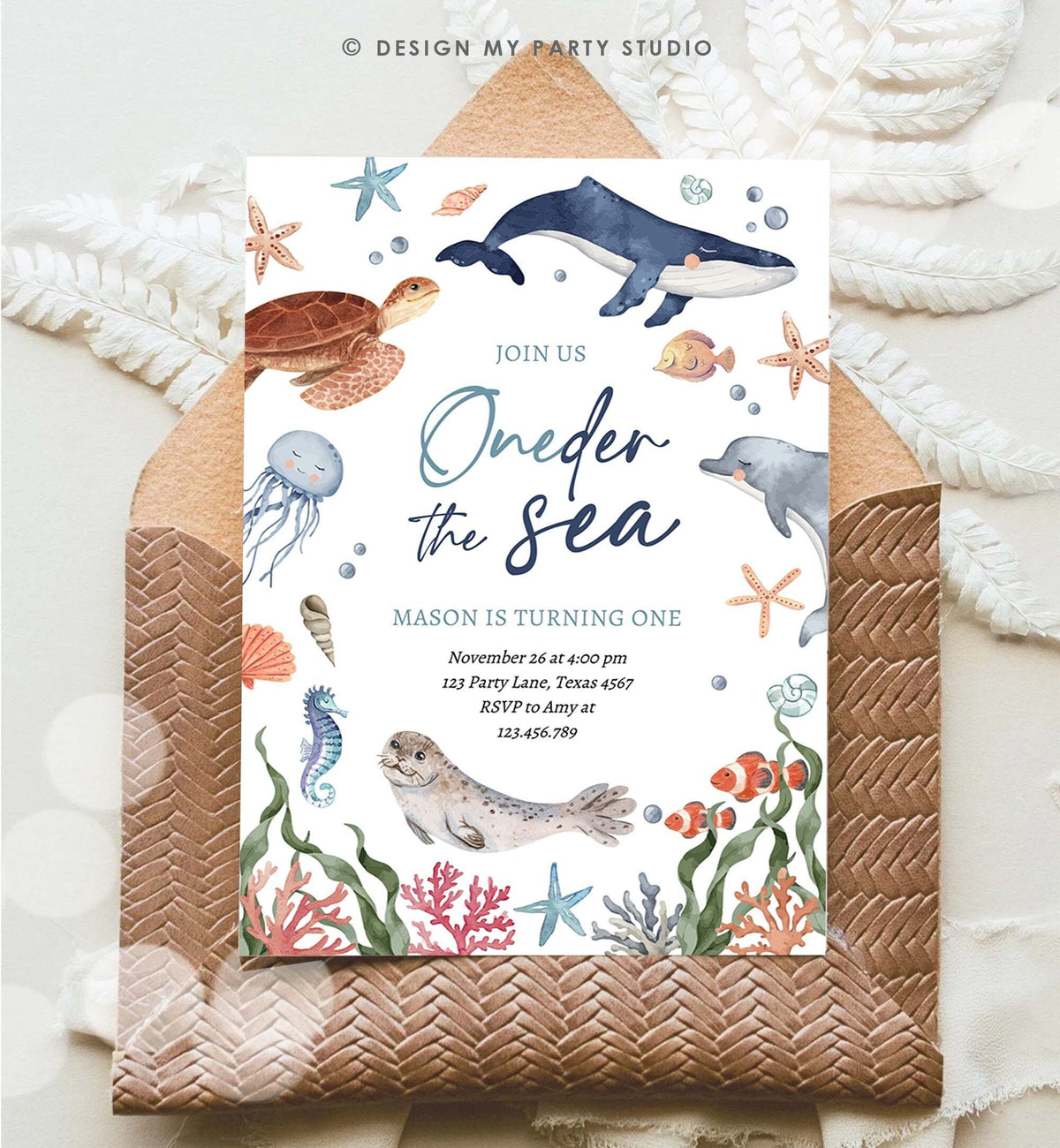 Editable Oneder the Sea Birthday Invitation Nautical 1st Birthday First Under The Sea Ocean Animals Download Printable Corjl Template 0504