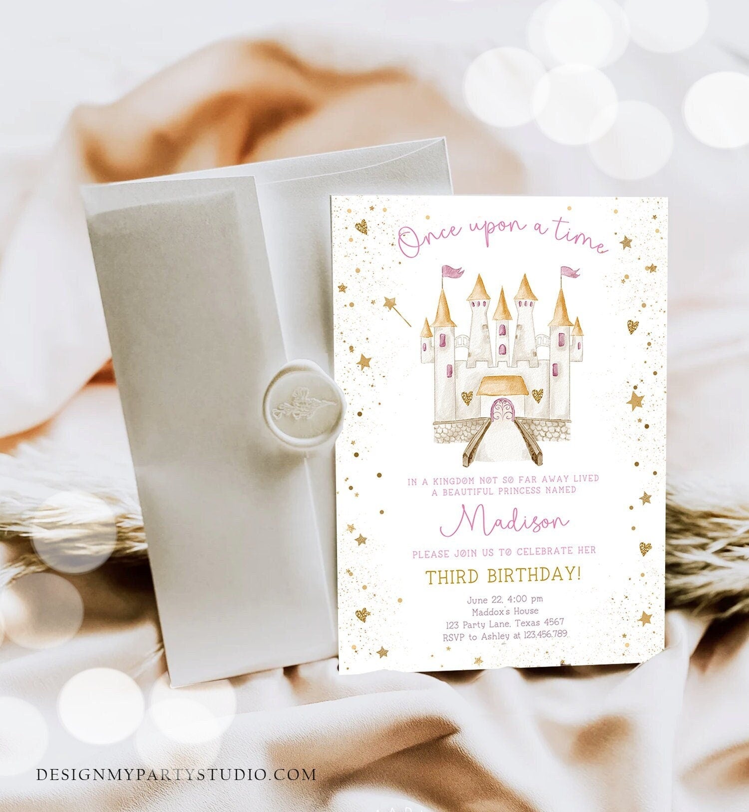 Editable Princess Castle Birthday Invitation Once Upon a Time Princess Royal Girl Magical Celebration Digital Template Printable 0477