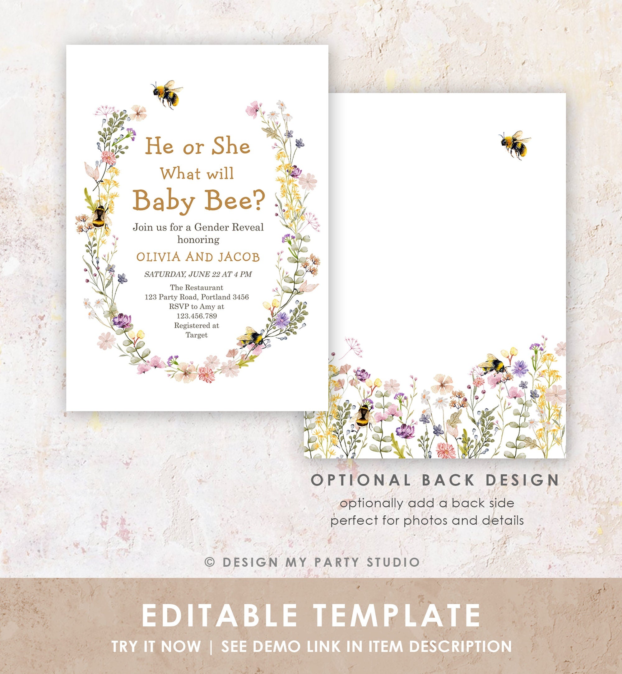 Editable Bee Gender Reveal Invitation What Will Baby Bee Invitation Gender Neutral Honey Instant Download Template Digital Corjl 0502