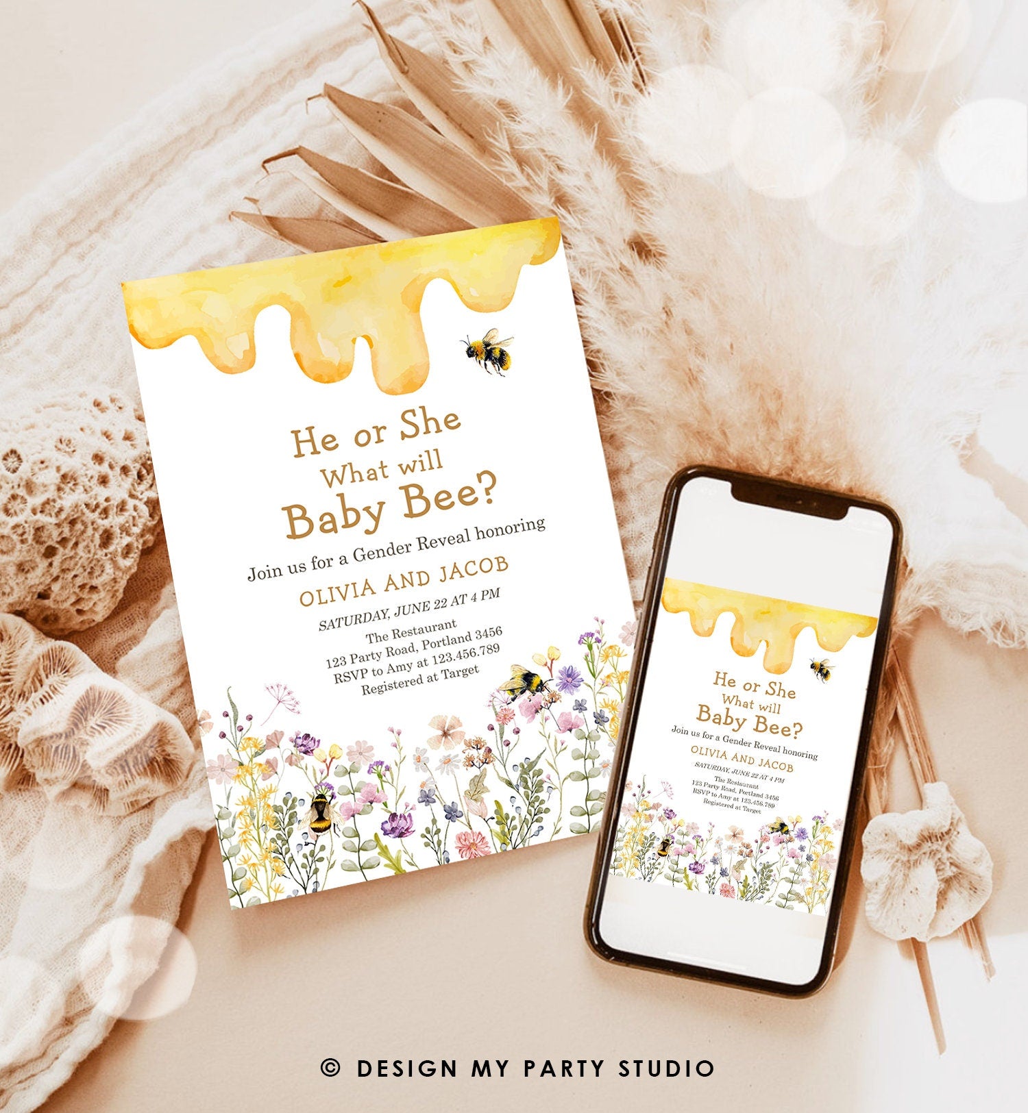 Editable Bee Gender Reveal Invitation What Will Baby Bee Invitation Gender Neutral Honey Digital Download Evite Template Printable 0502