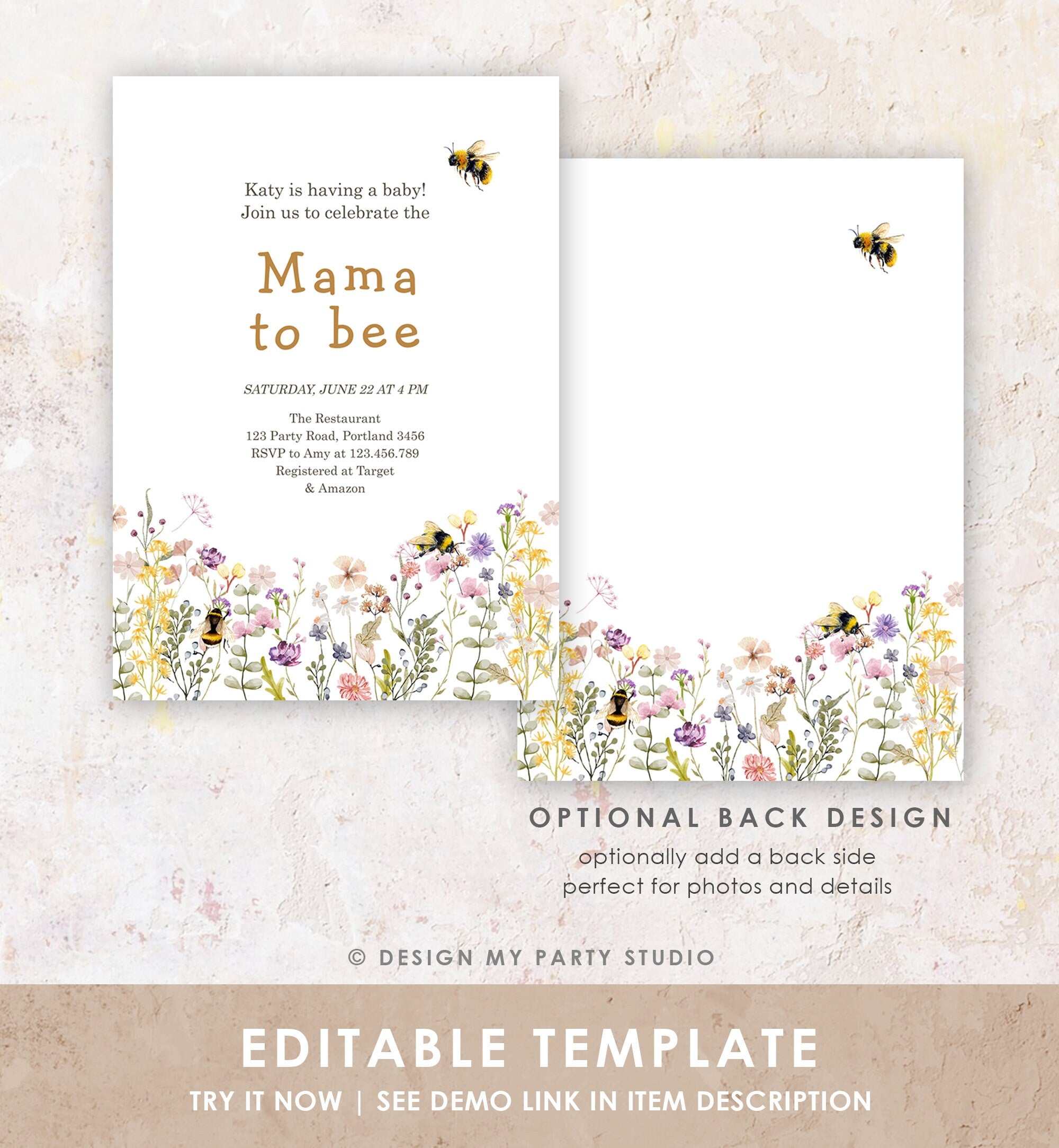 Editable Mama to Bee Invitation Wildflower Baby Shower Bee Honey Boho Mommy to Bee Summer Instant Download Template Digital Corjl 0502