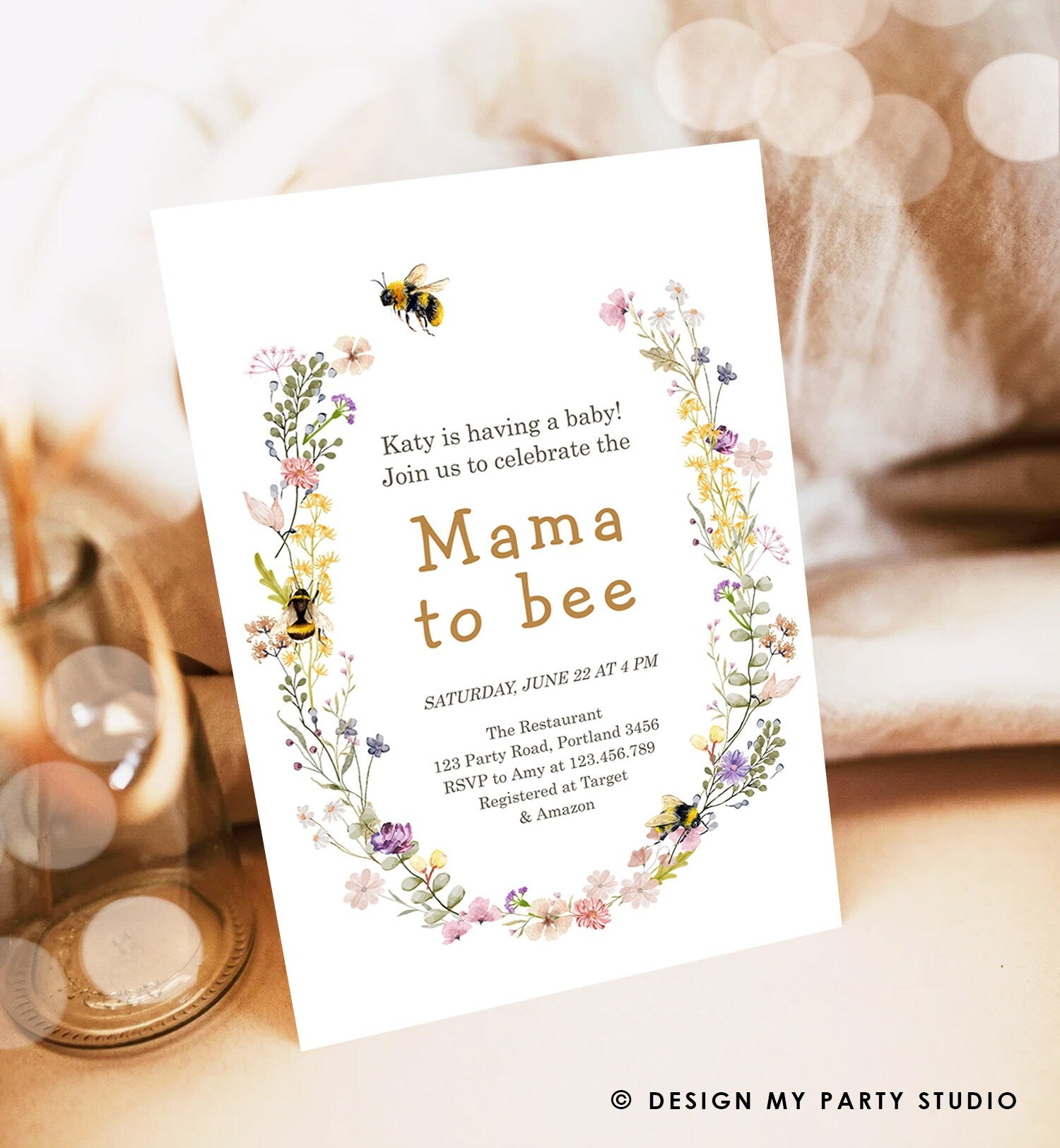 Editable Mama to Bee Invitation Wildflower Baby Shower Bee Honey Boho Mommy to Bee Summer Instant Download Template Digital Corjl 0502