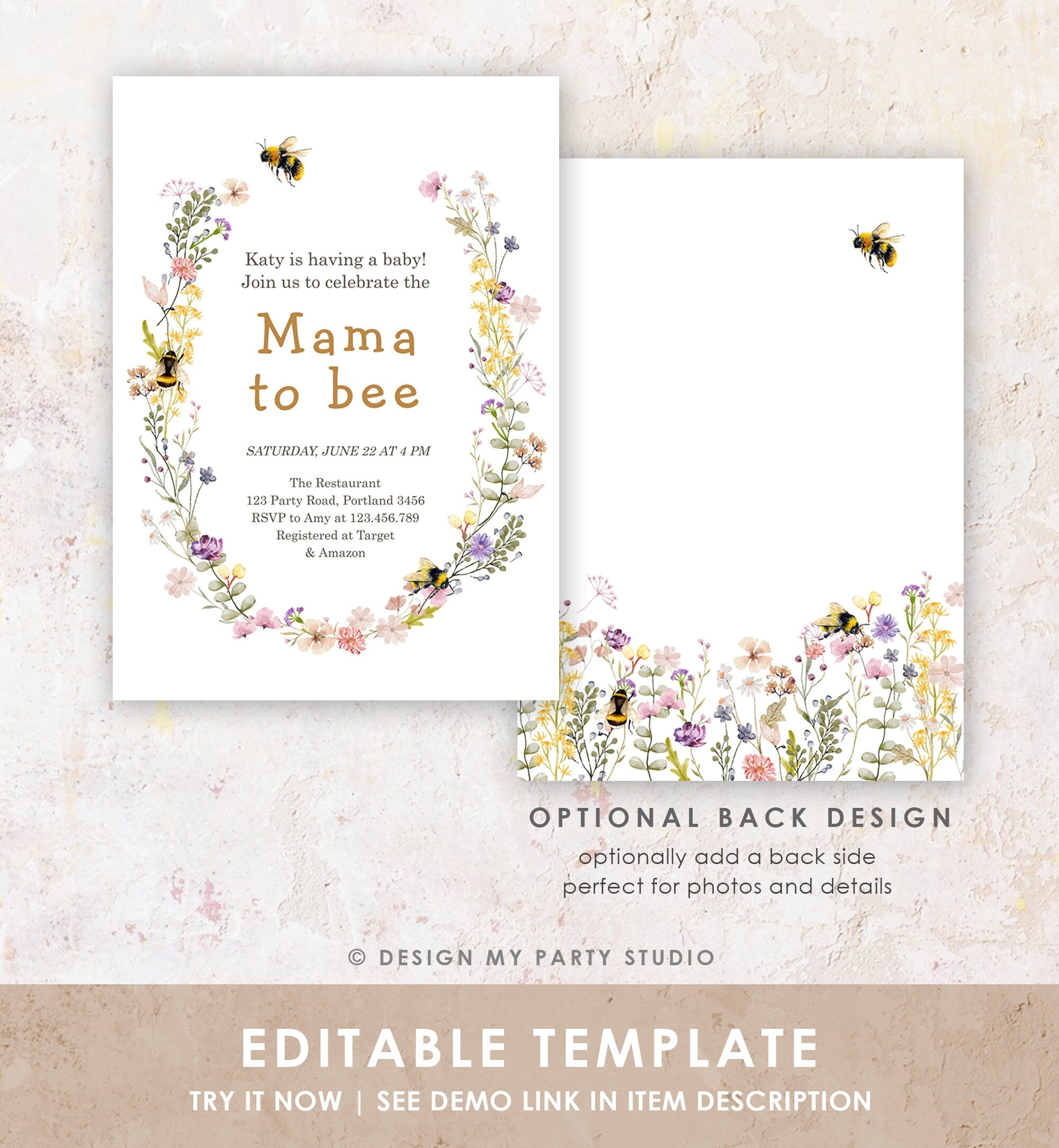 Editable Mama to Bee Invitation Wildflower Baby Shower Bee Honey Boho Mommy to Bee Summer Instant Download Template Digital Corjl 0502