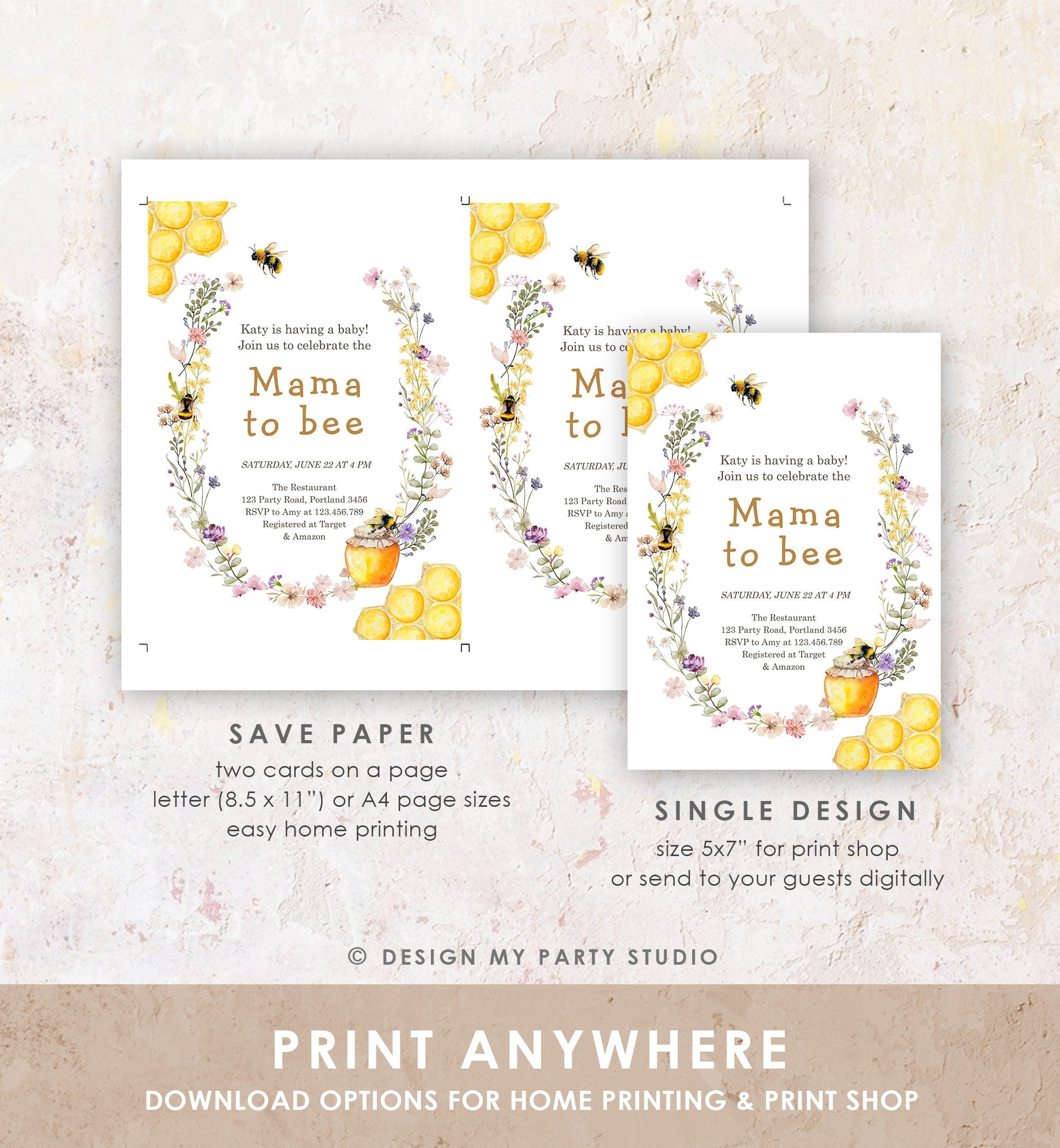 Editable Mama to Bee Invitation Wildflower Baby Shower Bee Honey Boho Mommy to Bee Summer Instant Download Template Digital Evite 0502