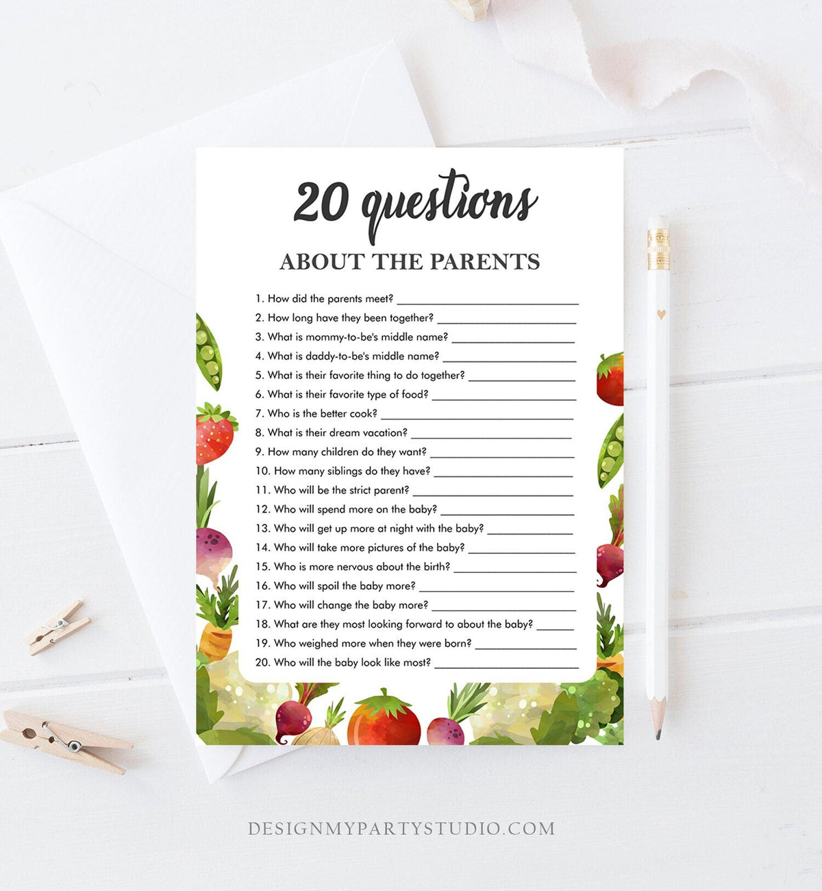 Editable Questions About the Parents Baby Shower Game Locally Grown Farmers Market Fruit Vegetables Farm Barn Corjl Template Printable 0144