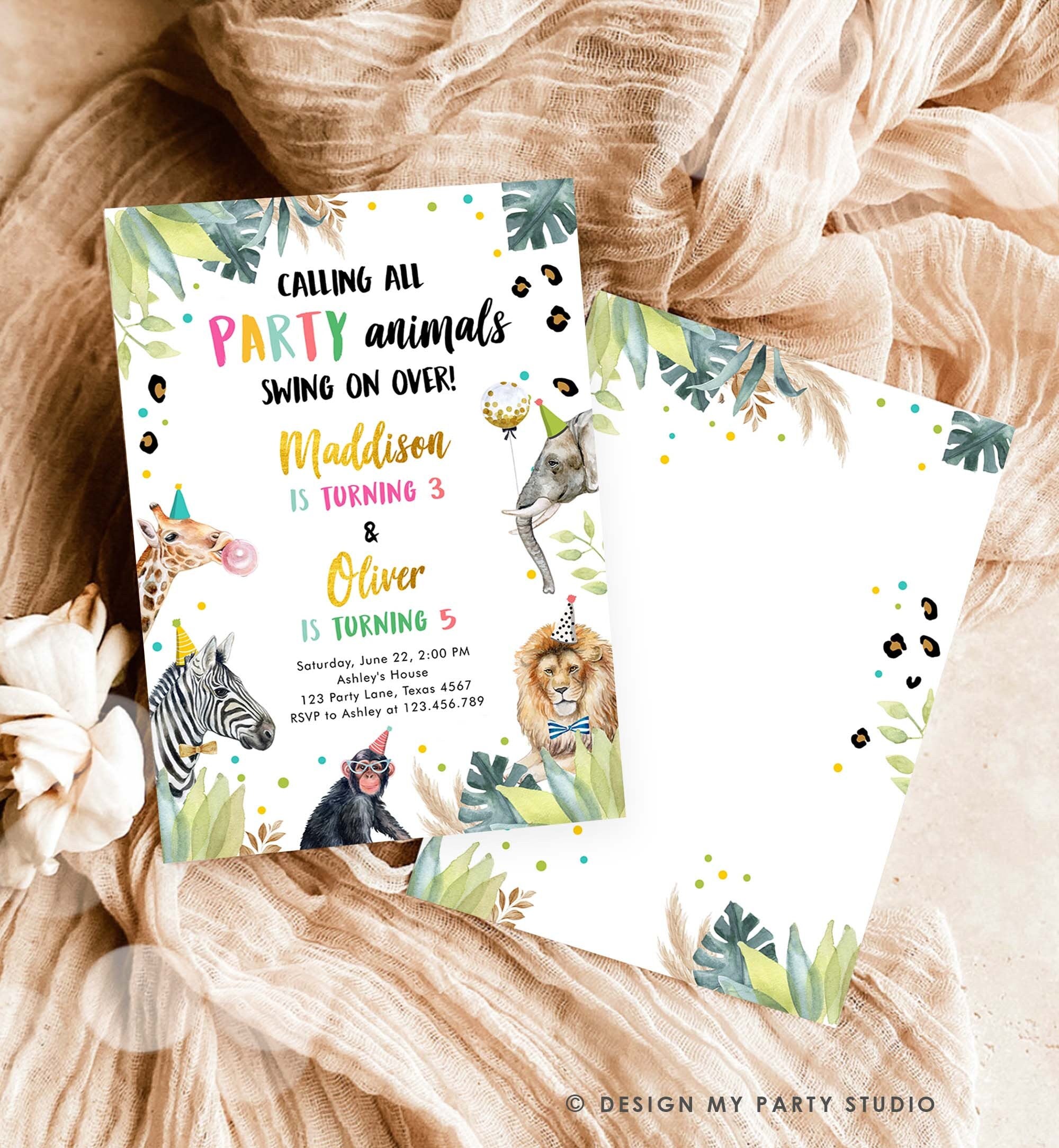 Editable Party Animals Joint Birthday Invitation Wild One Zoo Safari Animals Girl Boy Siblings Twins Download Corjl Template Printable 0417