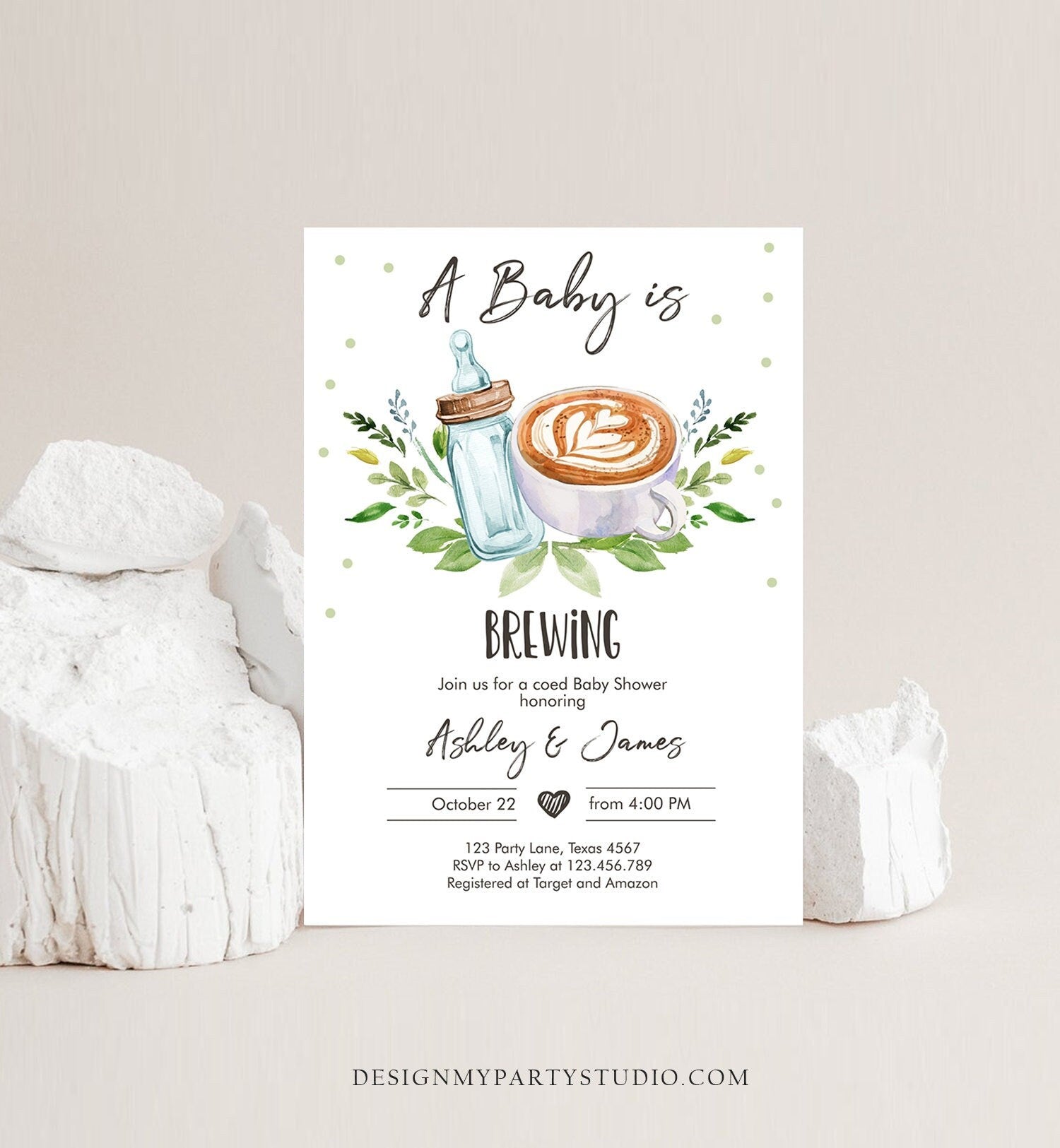 Editable A Baby is Brewing Invitation Bottle and Coffee Baby Shower Coed Couples Gender Neutral Download Printable Template Corjl 0190